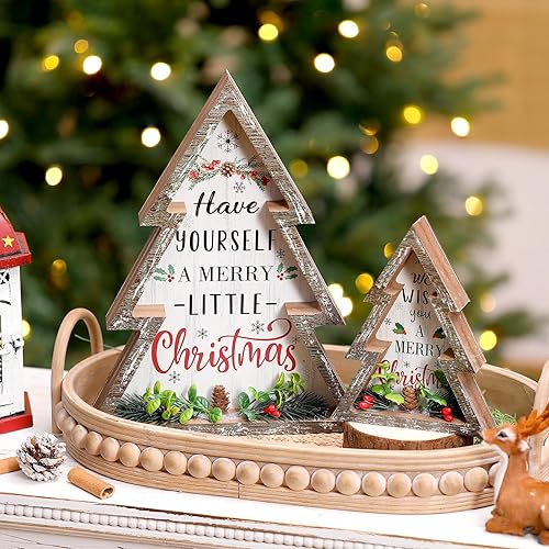 Miniatura 6 de Pinkunn 2 piezas de decoración de Navidad de granja, decoración natural de árbol de Navidad con piñas de madera rústica, centro de mesa de Navidad,