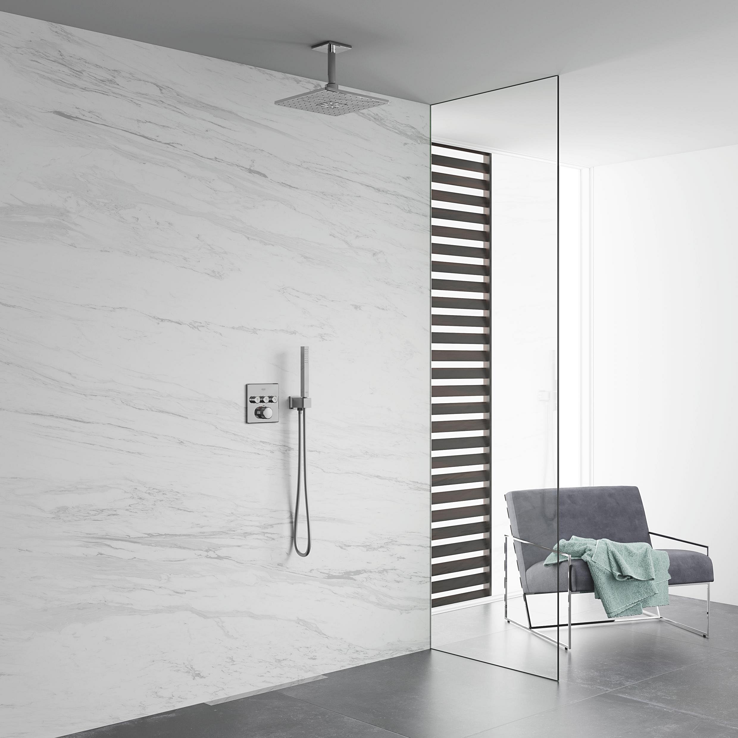 GROHE Grohtherm SmartControl- Set de ducha con termostato (ducha de techo cuadrada 31cm, termostato empotrado con tres válvulas y teleducha formato stick con soporte), listo para instalar, cromo