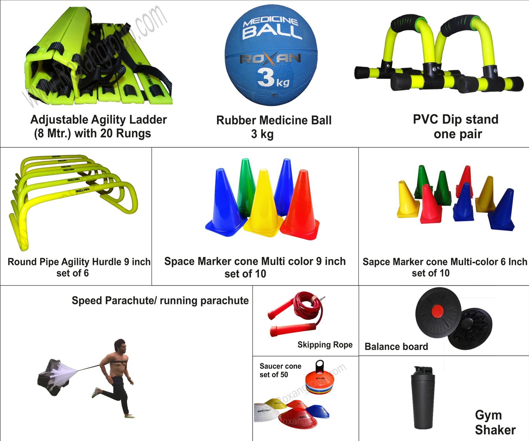 ROXAN Plastic Speed Ladder, Rubber Medicine Ball, Push Up Bar,Field Round Pipe , Space Marker Cone, Running Parachute, Saucer Combo, Set of 50