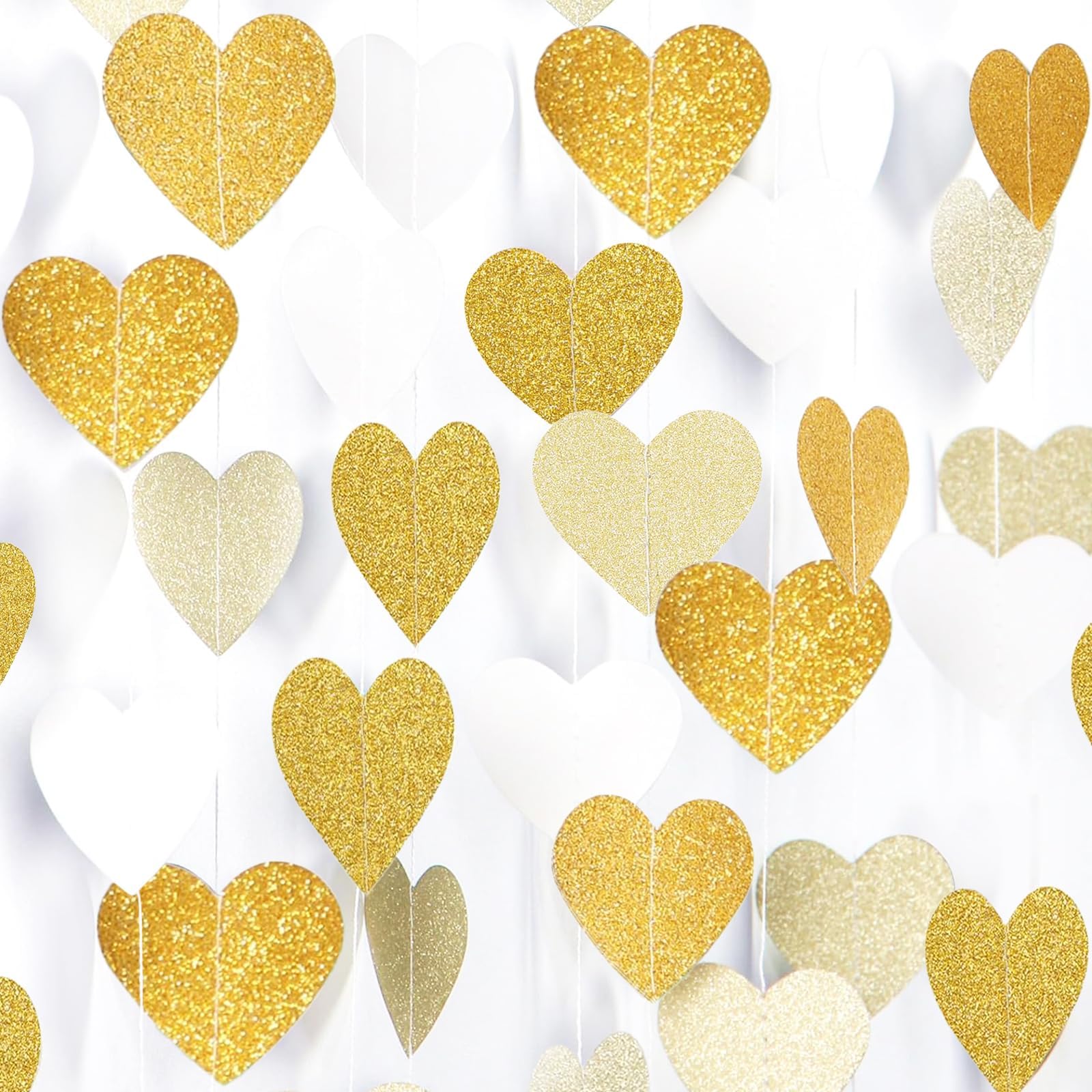Decoraciones de fiesta de compromiso, decoración de fiesta de champán blanco y dorado, guirnalda de serpentinas de corazón, pancarta de papel colgante de 52 pies, pancarta de papel colgante