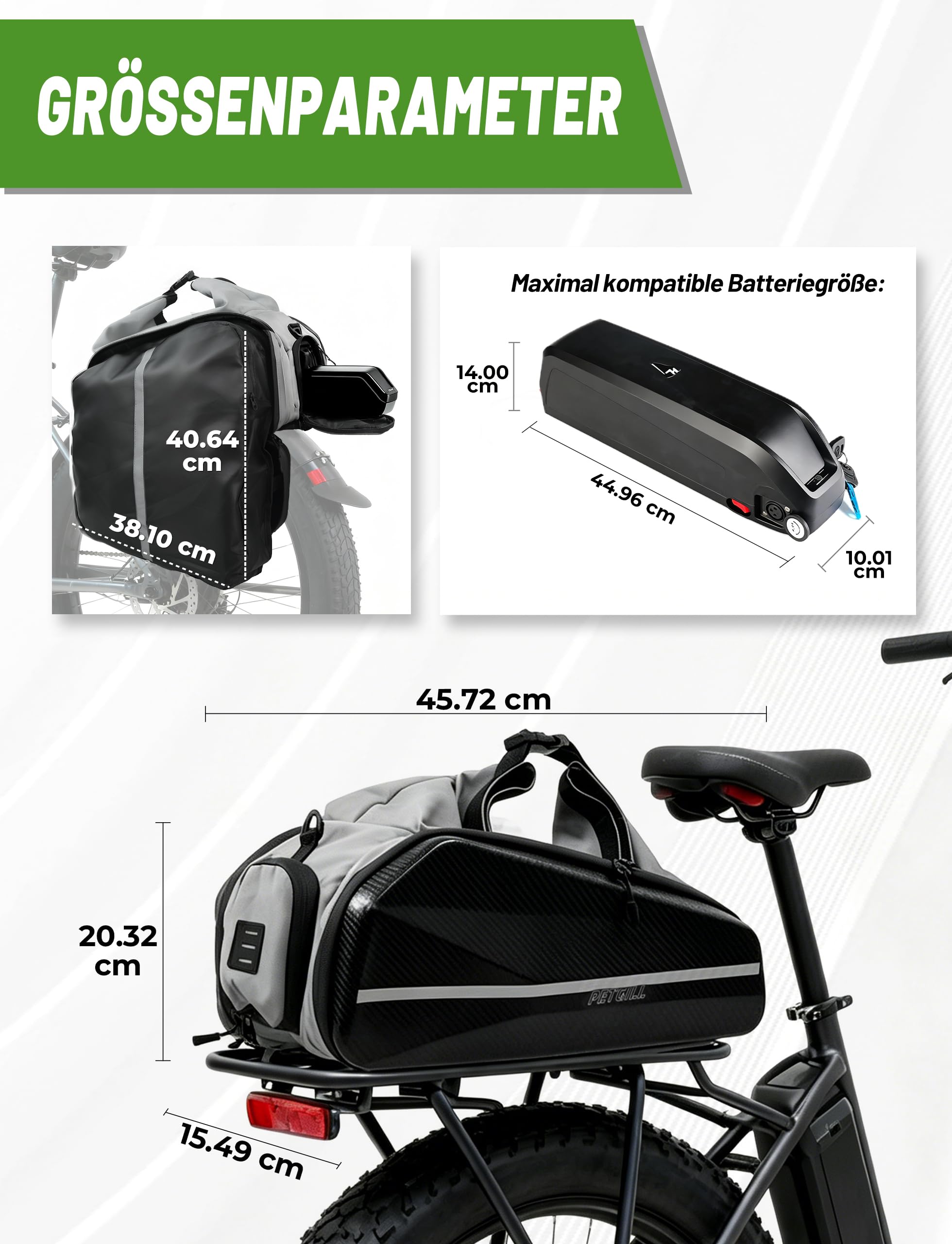 E-Bike Akku Tasche, 40L Hartschale wasserdichte Gepäckträgertasche für Elektrofahrrad mit Reflektorstreifen und Schultergurt, Fahrradtasche für E-Bikes, E-Bike Zubehör