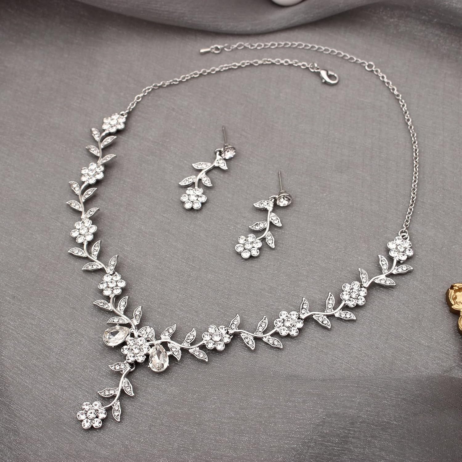 Flower Leaf Crystal Pendant Necklace Dangle Earrings Link Bracelet Bride Bridesmaid Jewelry Sets for Women Wedding Party - Image 4