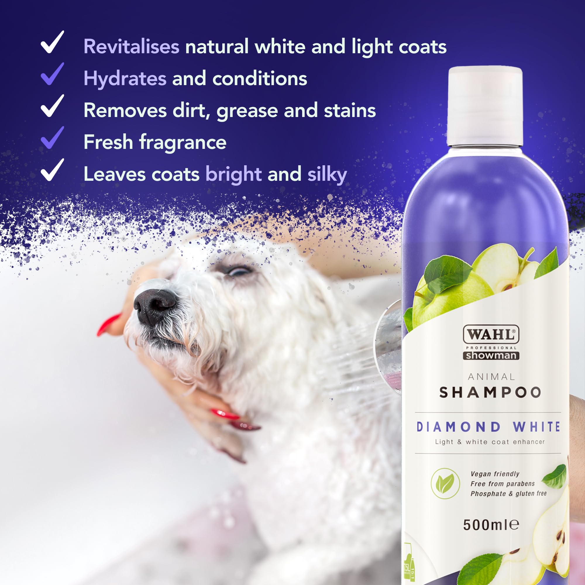 WAHL Szampon dla Zwierząt Diamond White - 500ml, Rozjaśniacz Jasnej i Białej Sierści, Koncentrat 15:1, Wegański, Bez Parabenów