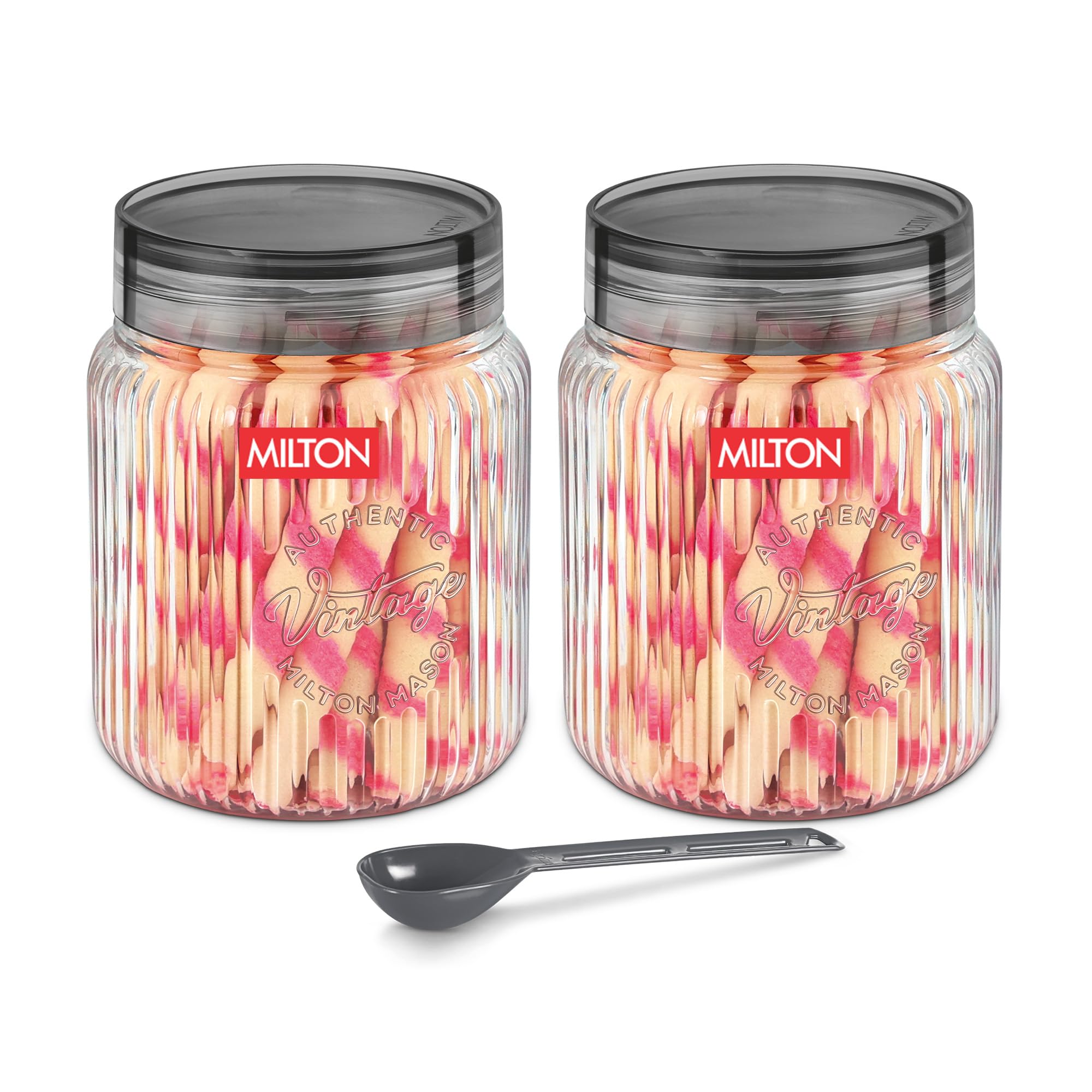 MILTON Olive 1000 Airtight Food Grade Modular Plastic Container | BPA Free, Stackable & Transparent | Wide Mouth with See-Through Lid | Ideal for Cereals, Pulses, Spices, Set of 2, 1000 ml each, Grey