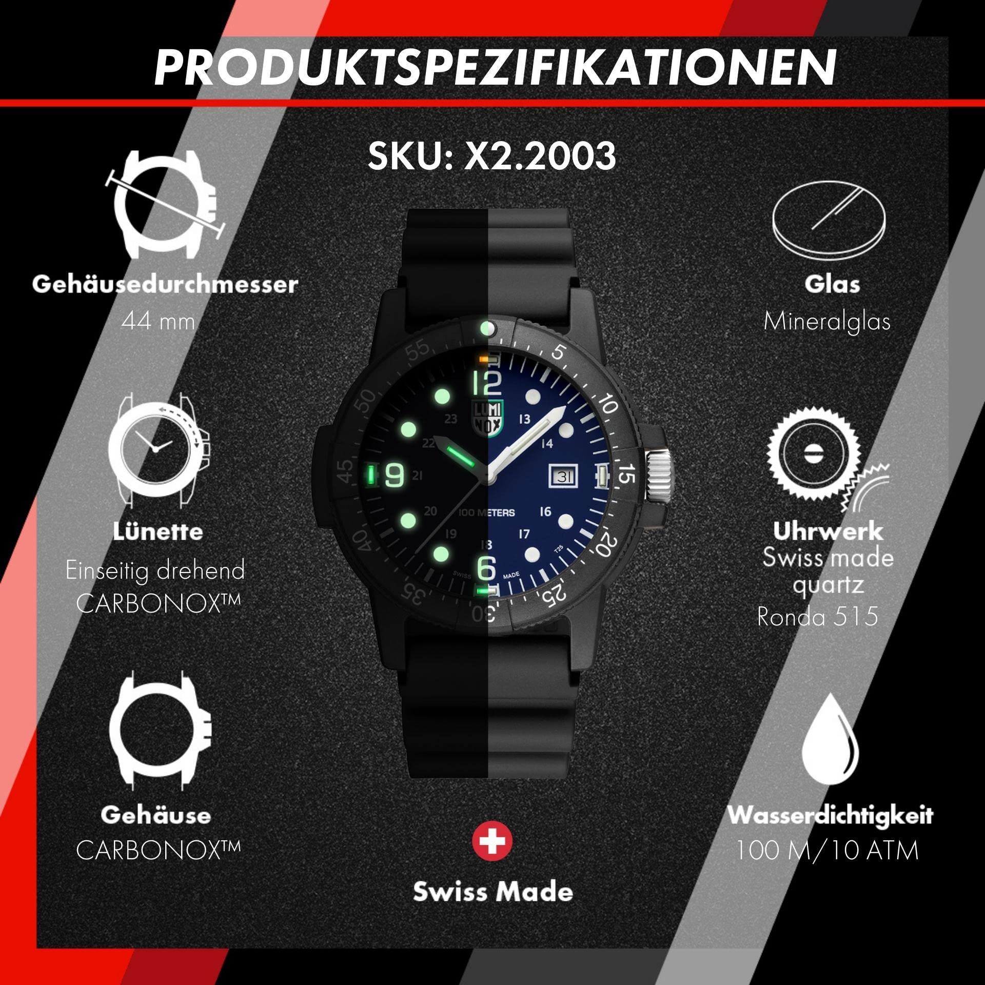 Luminox - G Kollektion Sea Bass Carbonox Herrenuhr 44mm - Taucheruhr mit Datumsanzeige 100m Wasserdicht - Mehrere Varianten - Hergestellt in der Schweiz - Herren Uhr - Hergestellt in der Schweiz