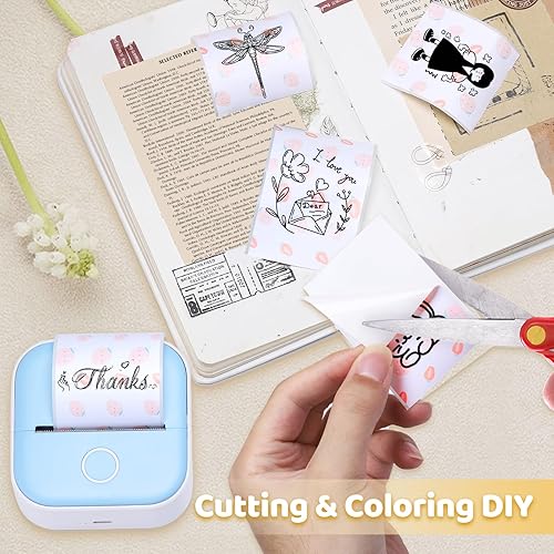 Miniatura 3 de Ponek T02 - Mini papel térmico para impresora térmica, papel térmico adhesivo con patrón de fresa, 1.76 x 1.4 pies para notas, diario, fotos, texto,