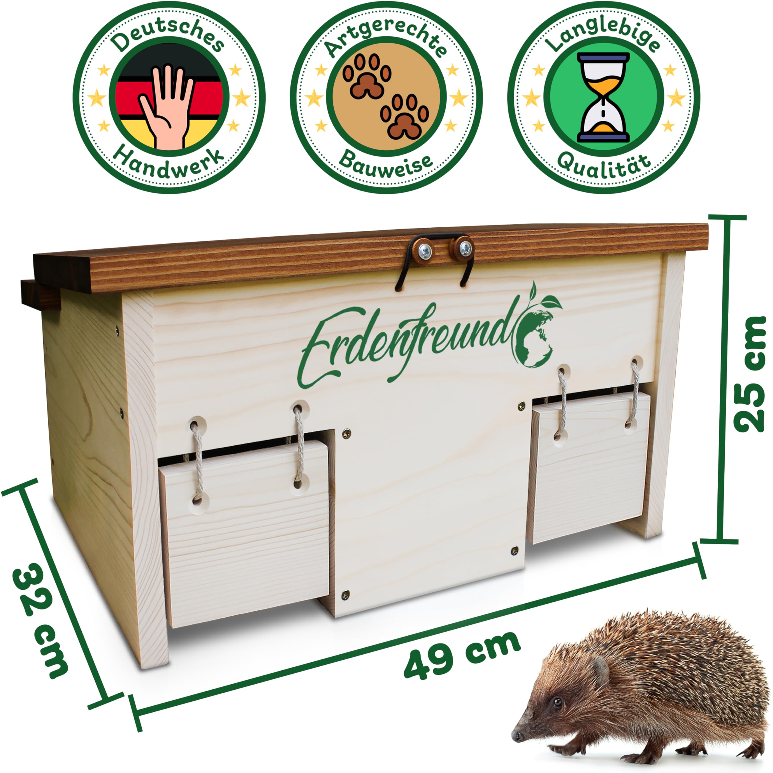 ERDENFREUND® Igelfutterhaus mit Rattenklappe + 2er Set Wasser- & Futternapf Igelhaus mit Rattenklappe artgerecht 2 Labyrinth Eingänge & Dachverschluss(Igelfutterhaus inkl. 2er Set Wasser-& Futternapf)