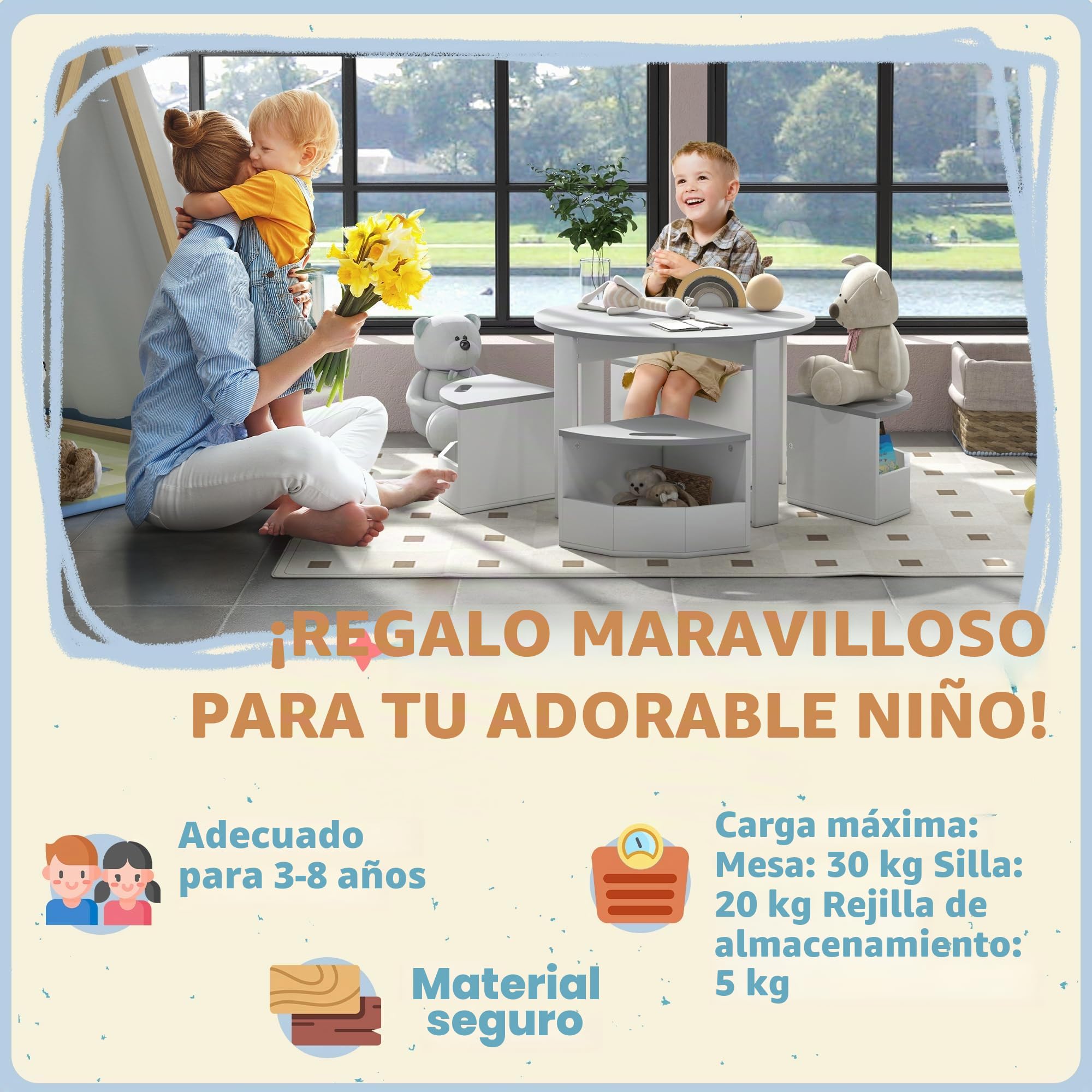 AIYAPLAY Juego Mesa y sillas con Almacenamiento niños, 3-8 años, Gris | Juego de mesa y sillas para niños de cinco piezas, actividad infantil