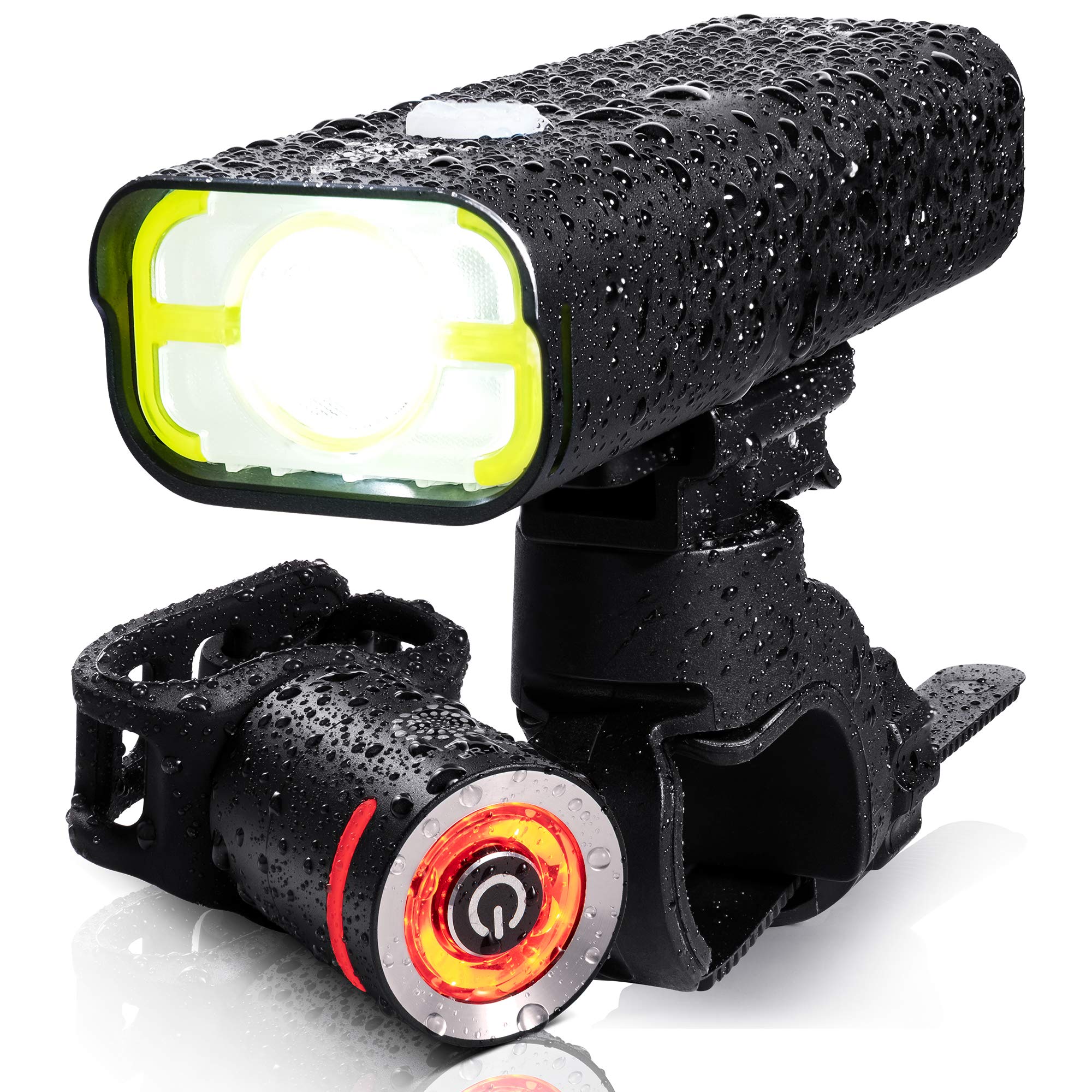 BrightRoad Led Bike Lights Front and Back, Rechargeable 800 Lumens Bike Headlight with Wide 85° & 650 feet Range, Red Aluminum Bike Tail Light or Auto On/Off Smart Rear Bicycle Light, Waterproof Set