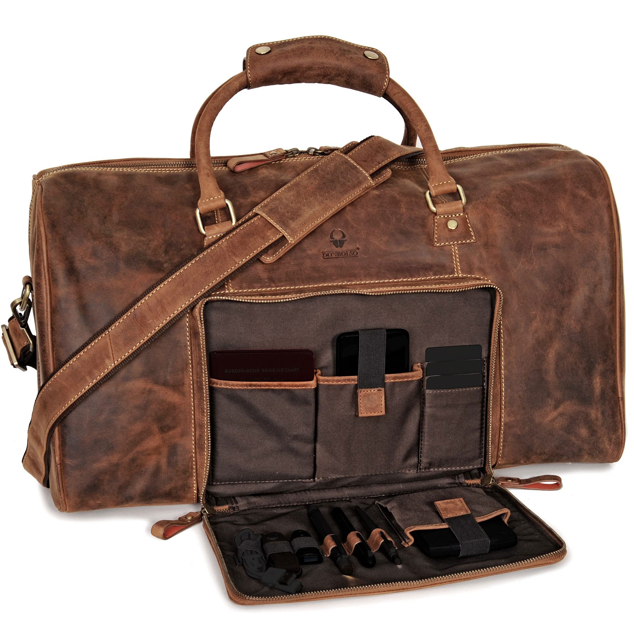 DONBOLSO Weekender Nápoles | Bolsa de Viaje para Hombres | Bolsos de Viaje Fin de Semana de Cuero | Bolso Viaje de Cuero para Equipaje de Mano | Tamaño L con 40 litros | Vintage Marrón