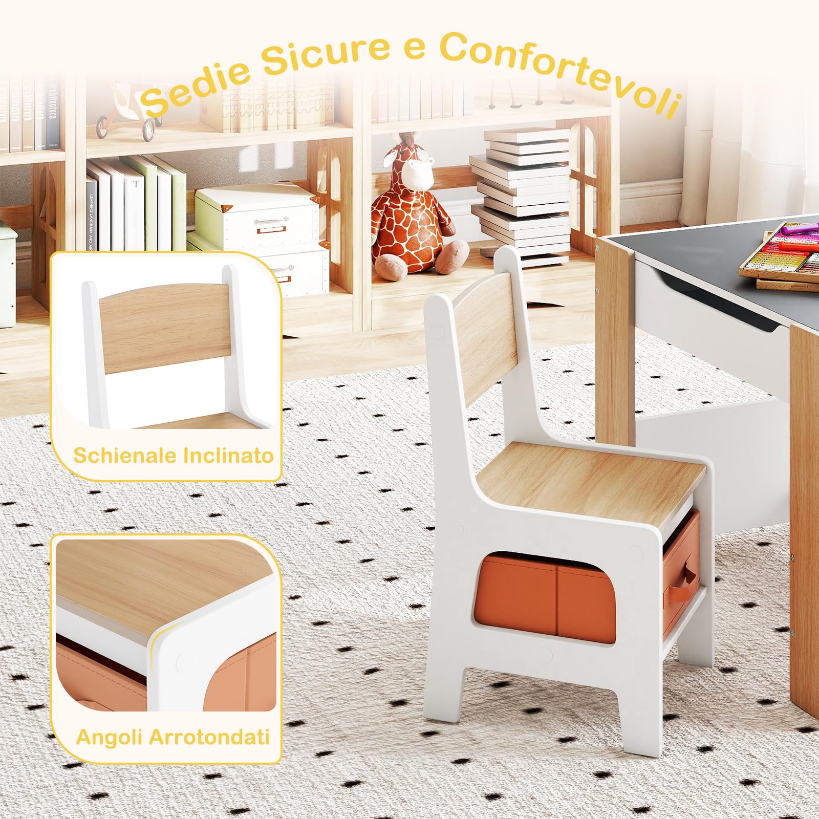 COSTWAY Set Tavolino Bambini e Sedie 4 in 1 con Lavagna Rimovibile (Naturale)