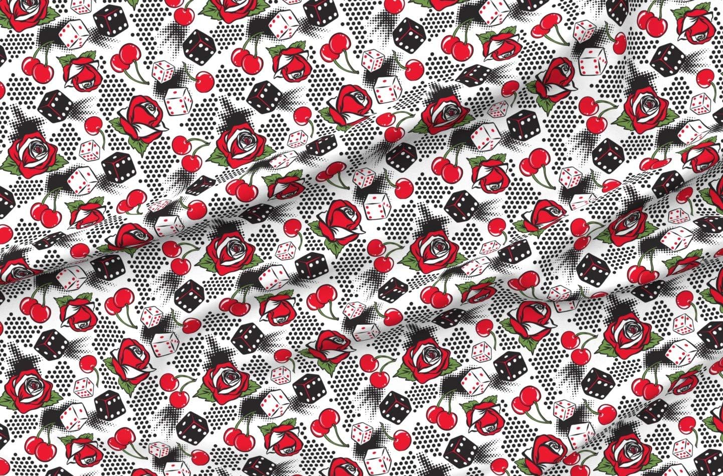 Spoonflower Fabric - Luck White Rockabilly Retro Vintage Rose Floral 1950S Red Novelty Dice Printed on Organic Cotton Sateen Fabric by The Yard - Sewing Quilting Apparel Home Decor