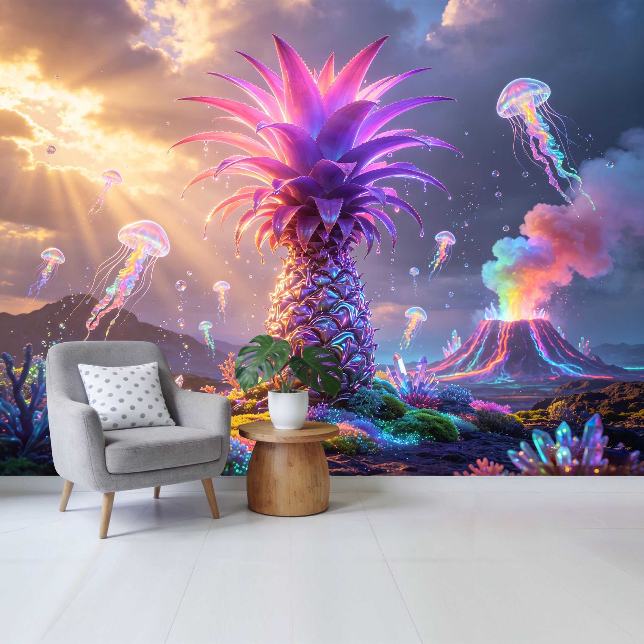 Qzlithotic Yq2605250094 Custom Size Wall Mural Neon Jellyfish Iridescent Pineapple Volcanic Landscape 3D Abstract Selfadhesive Wall Fabric Removable Wallpaper For Home Office Decor