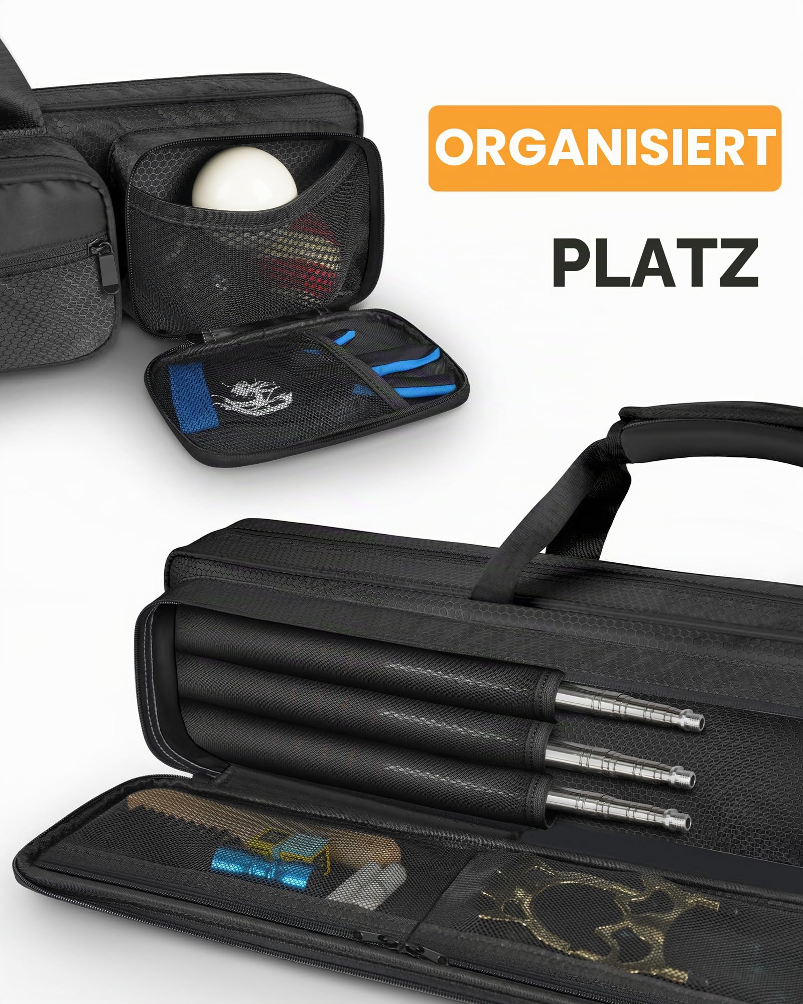 PEKREWS Billard Queue Tasche, Pool Cue Bag 4×5 für 4 Unterteile und 5 Schäfte mit Reißverschlusstasche, Schultergurt und Tragegriff, Weiche Tragetasche für 1/2 Billard Stick für Damen und Herren
