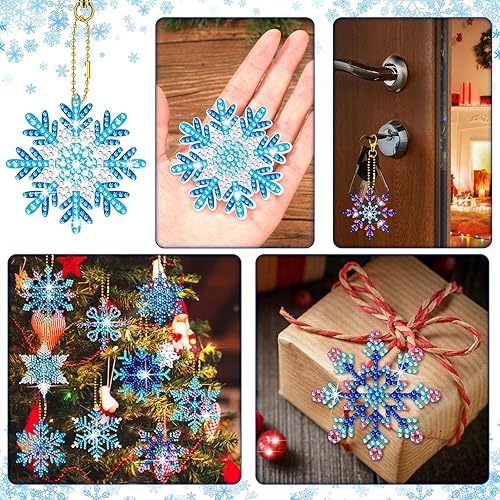 Miniatura 5 de BBTO 15 piezas de llavero de pintura de diamante de invierno con copos de nieve, adornos de pintura de diamante 5D DIY llavero de pintura de