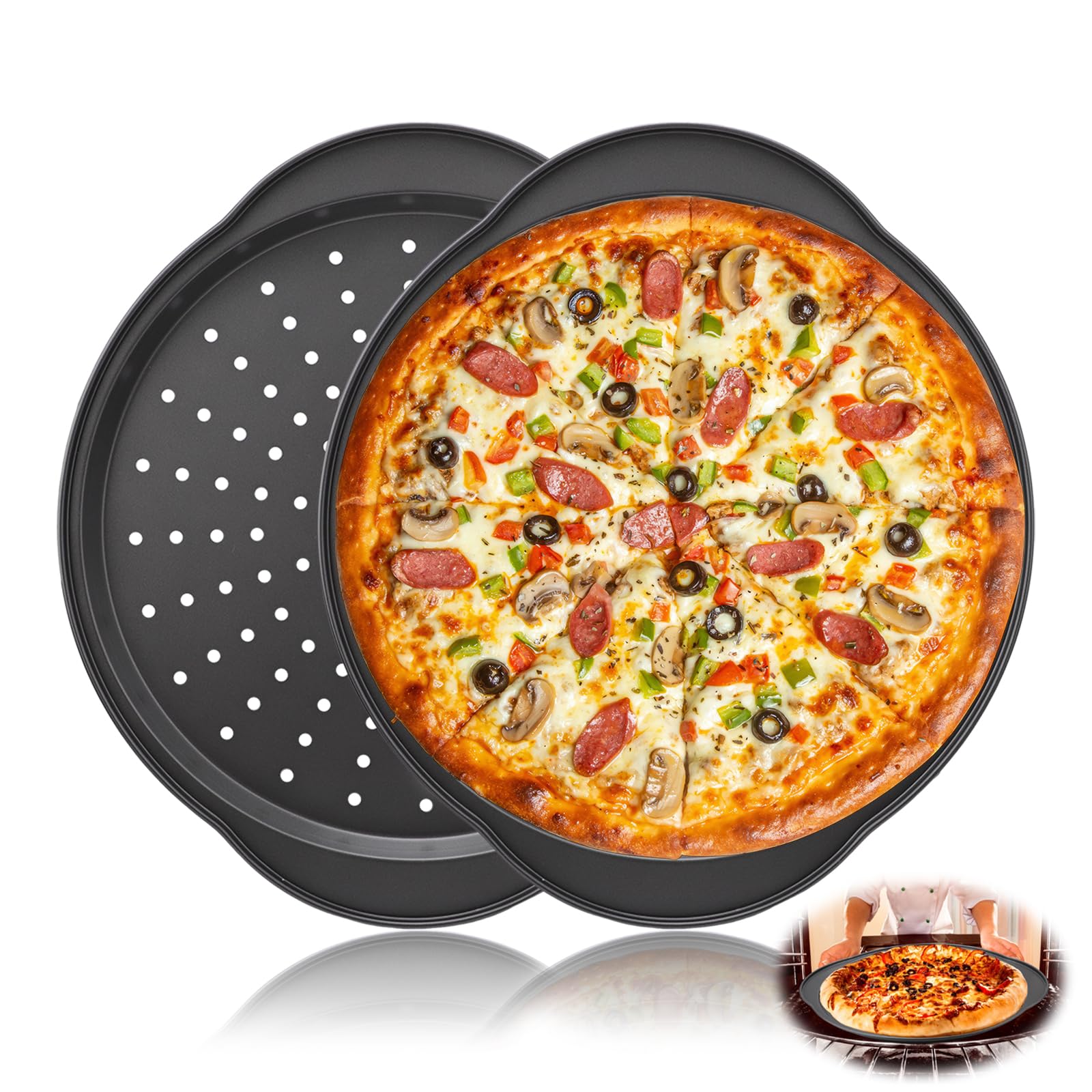 Yogidosm 2 Pack Pizza Trays for Oven, 13 Inch Non Stick Carbon Steel Pizza Tray, Perforated Base Improves Airflow for Crisp Pizza Bases, Easy Food Release and Quick Cleaning, Perfect for Home Baking.