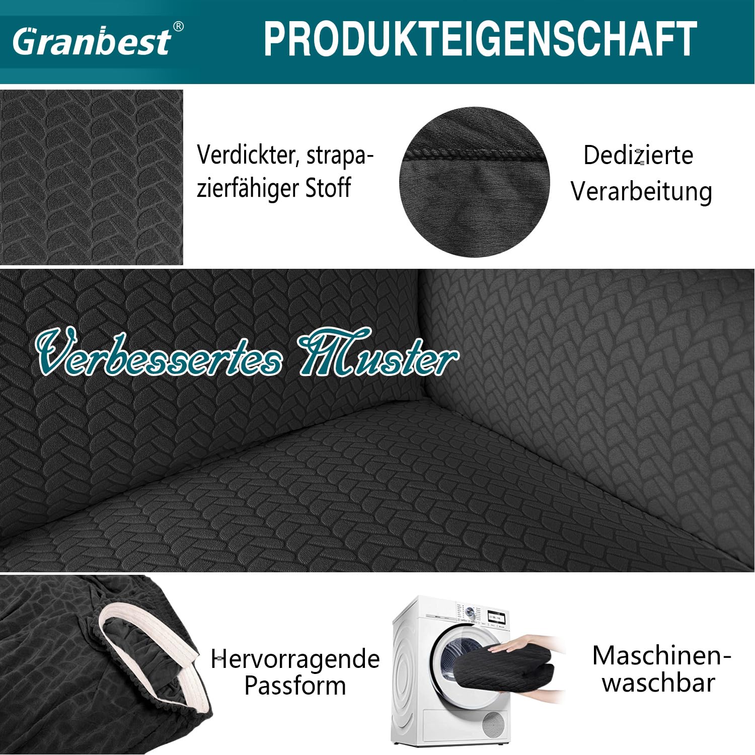 Granbest Housse de futon épaisse à haute élasticité - Sans bras - Nouveau motif - Pour canapé-lit plissé - Antidérapante - Sans accoudoirs - Futon - Noir