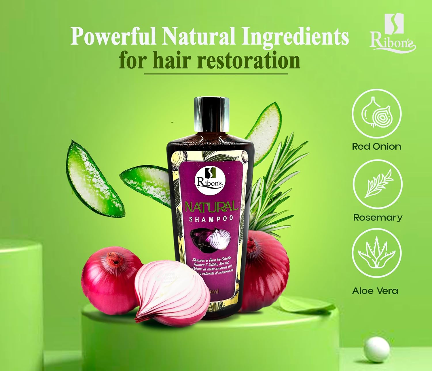 RIBONS Onion, Aloe Vera & Rosemary Shampoo – Sulfate-Free, Paraben-Free, Deep-Cleanse Formula for Fresh, Healthy-Looking Hair & Scalp – (250 ml) - Image 3