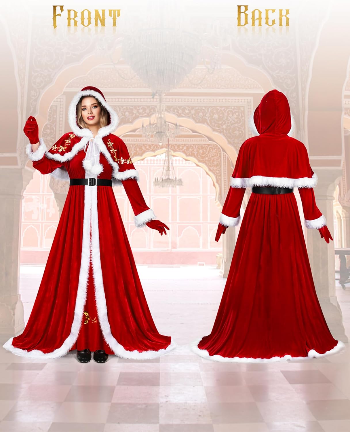 AOTHSO 4 Pieces Mrs Claus Costume for Women, Velvet Christmas Santa Costume Dress Hooded Cloak Cape Gloves Belt - Image 5