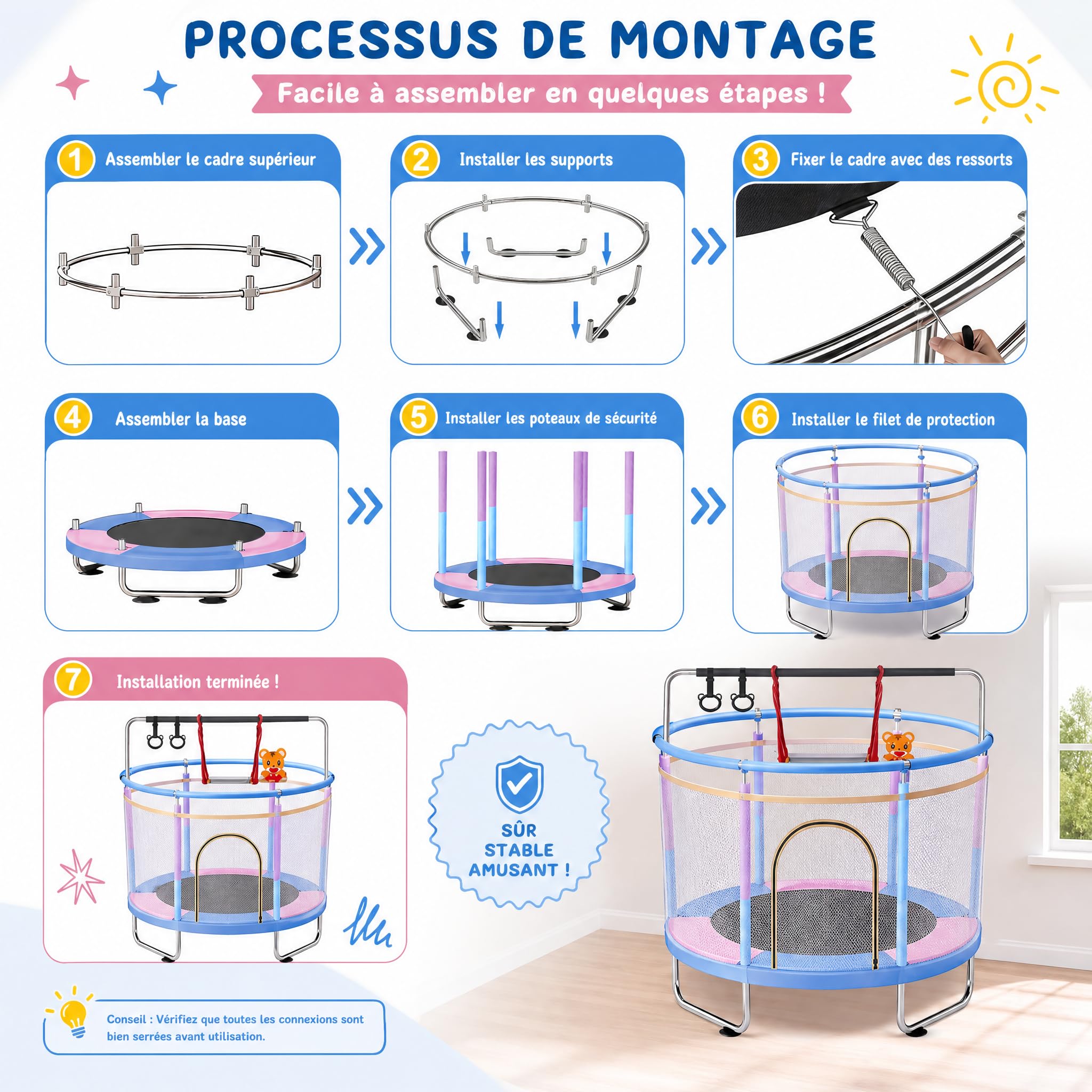 hotsizz Trampoline 1,5 m, avec balançoire, Barre de Gymnastique, Panier de Basket, pour Enfants de 3 à 14 Ans, Trampoline Enfant adaptés à Une Utilisation en intérieur et en extérieur