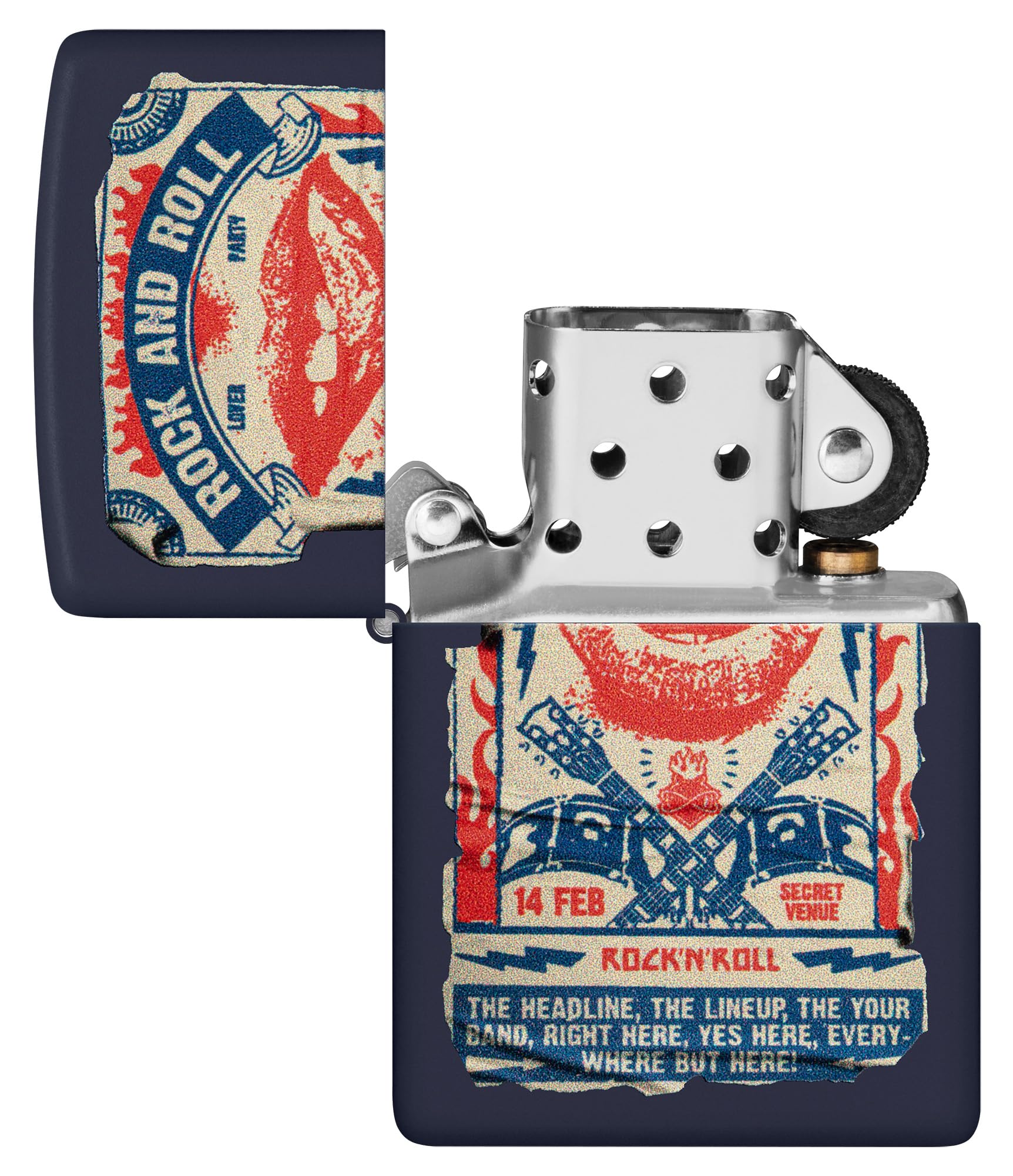 Zippo Encendedor a Prueba de Viento - Rock & Roll Poster - Acabado Azul Marino Mate, Color Image - Recargable - Reutilizable - Diseño a Prueba de Viento - Caja de Regalo - Hecho en EEUU