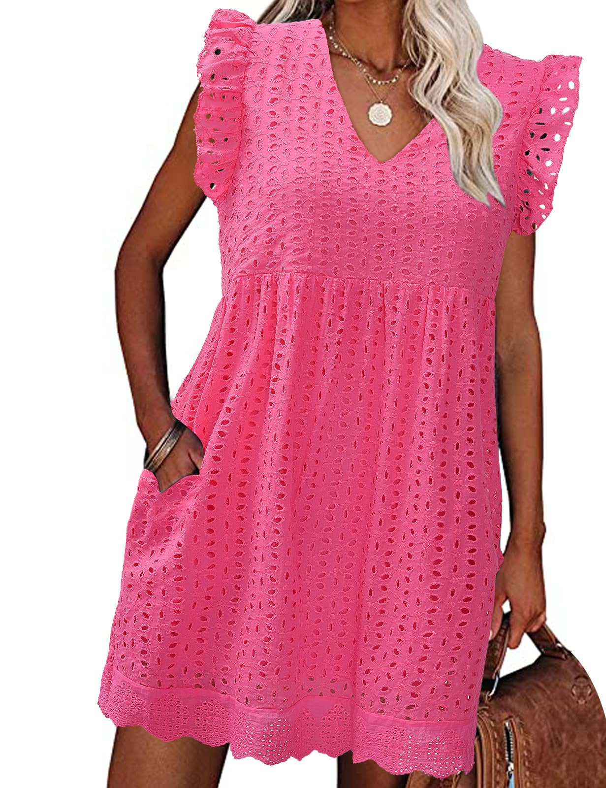 heekpek Abito Estivo Donna Scollo a V Vestito Corto Donna Cotone Senza Maniche con Volant Abiti Leggero Jacquard Abito a Canotta Casual Abito Mare da Spiaggia con Tasche