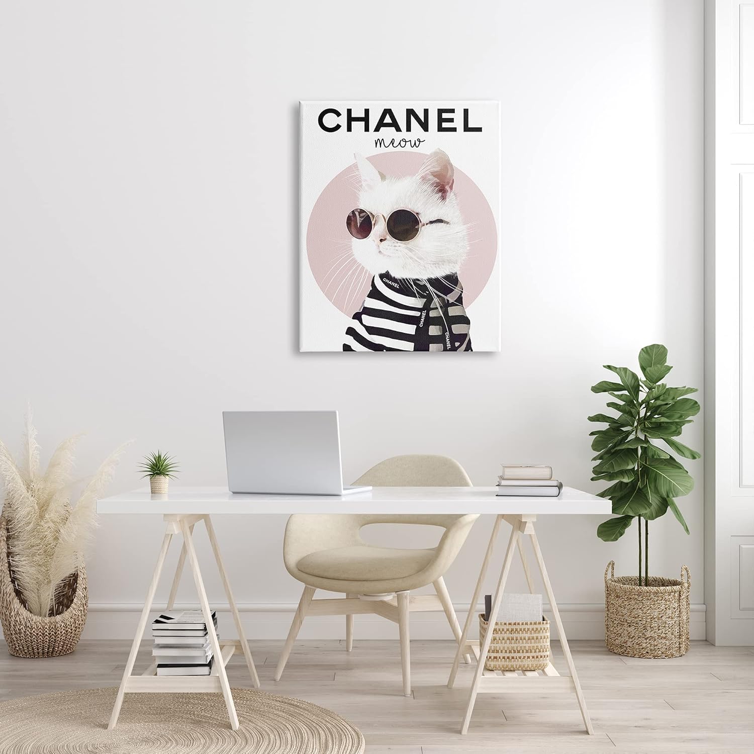 Stupell Industries Chic Kitty Cat Meow Glam Fashion Pink Circle, Designed by ROS Ruseva Canvas Wall Art, White, 16x20