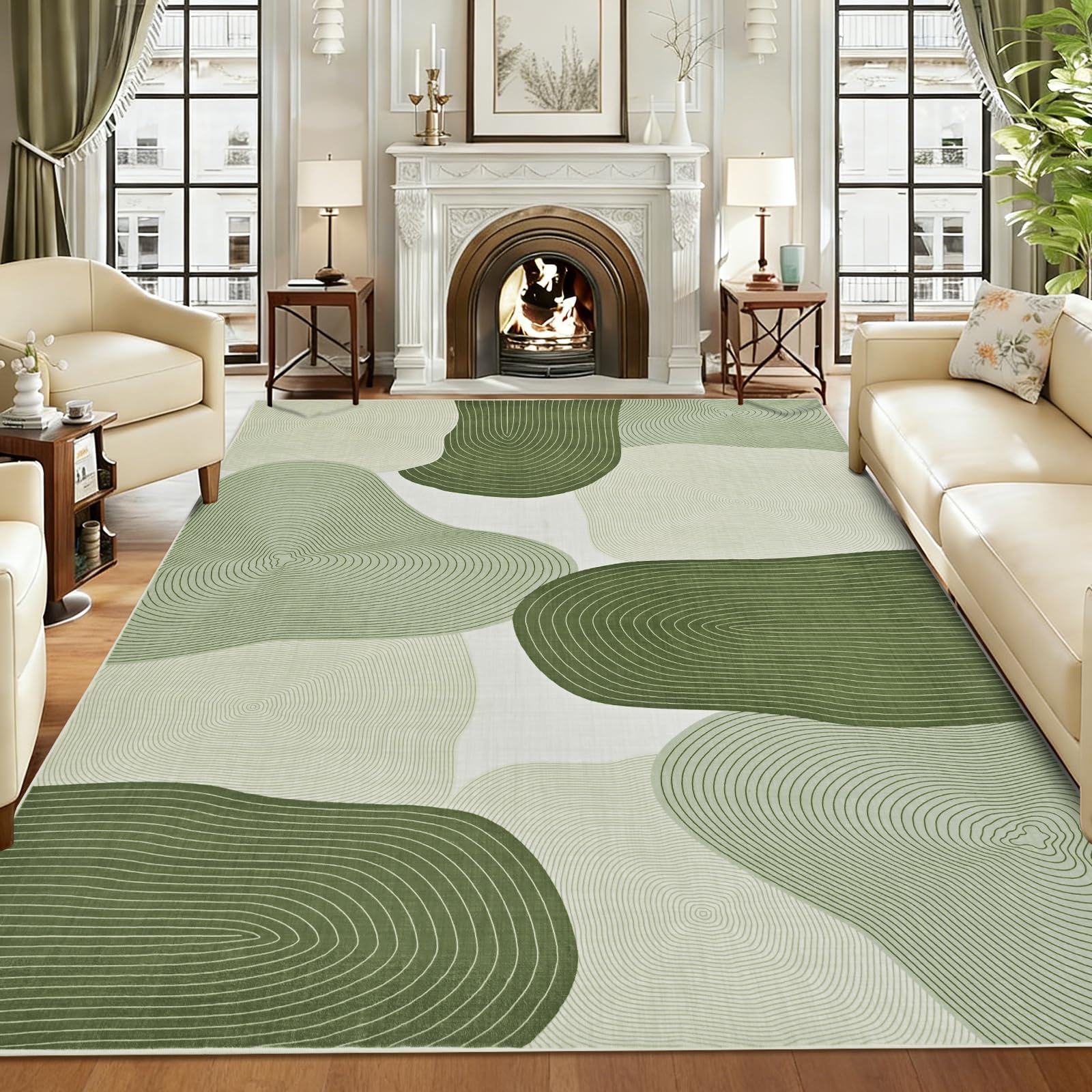 Alishomtll Rugs Living Room 160x230cm, Area Rugs for Bedroom, Soft Anti-Slip Washable Large Rug, Faux Wool Modern Geometric Lines Easy Clean Carpets Durable for Room Hotel Home Green