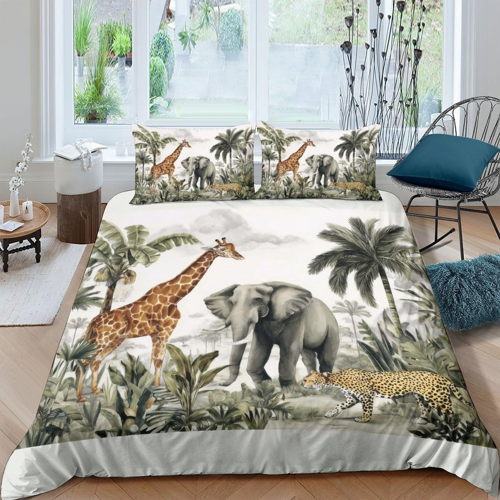 Ctjqhvkz Style-1 3D Printed Safari Jungle Fitted Sheet Microfiber Soft Animal Elephant Giraffe Mattress Cover Bedroom Decor Single（135X200cm）