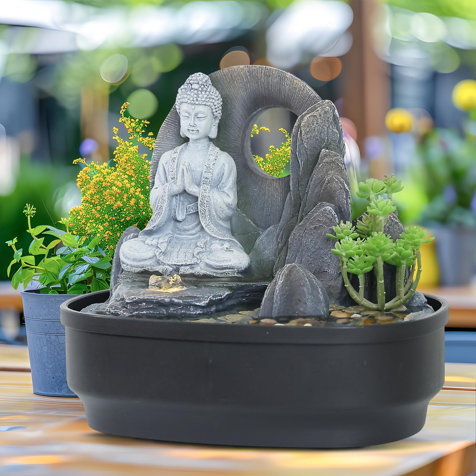 Fuente de estatua de Buda Zen para interiores, fuente de escritorio de jardín al aire libre, cascada Fengshui relajante para decor