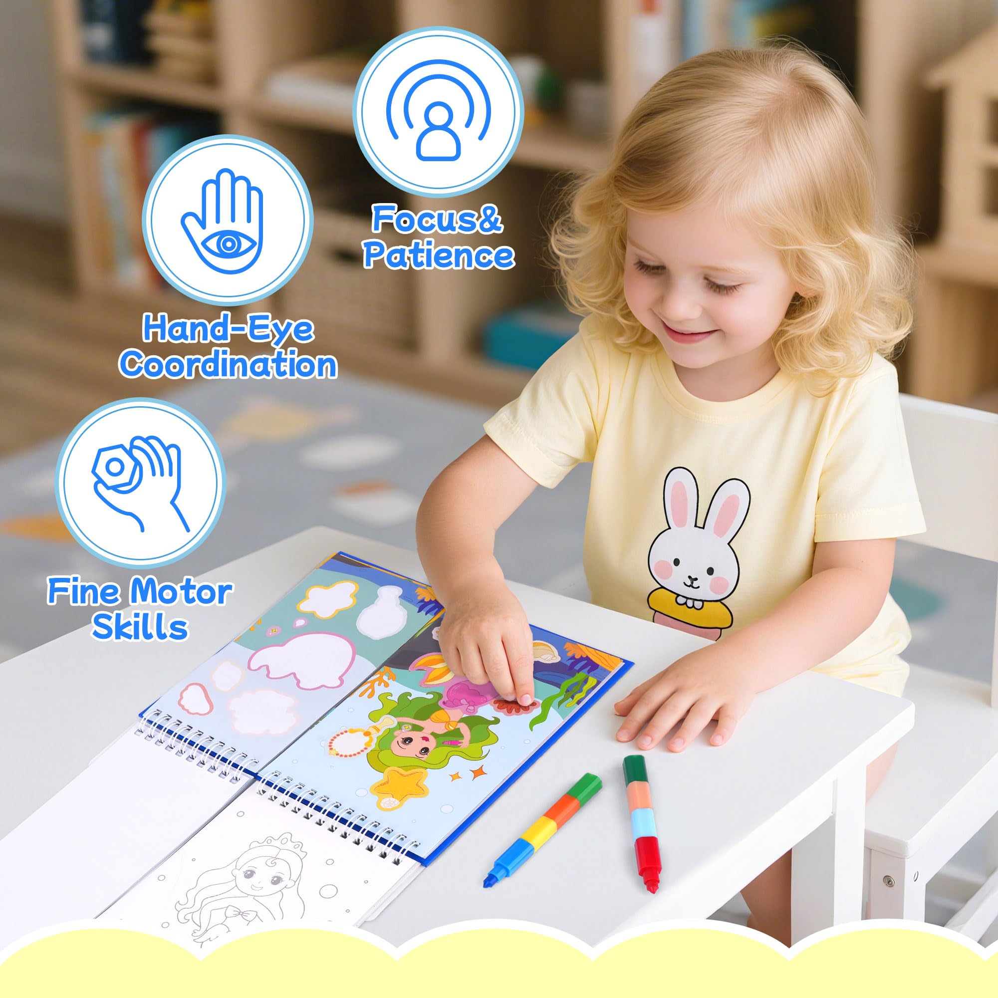 YPLUS Mermaid Sticker Book, Sticker Books for Toddlers with Dress-Up Stickers & Colouring Scenes, 8-Colour Crayons Included - Image 3