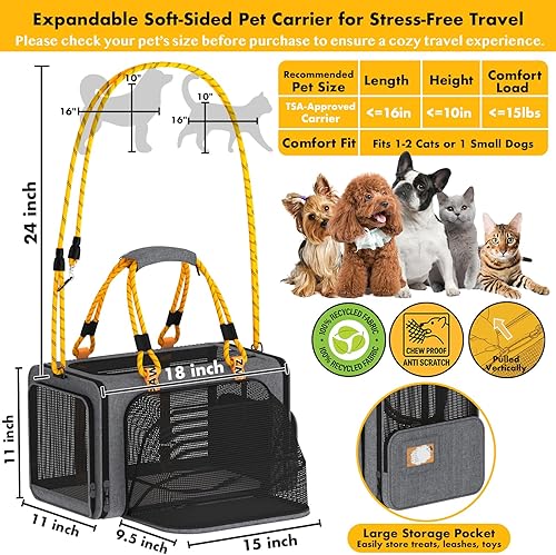 Miniatura 2 de PAWZIDEA Transportador expandible para mascotas con tarjeta de identificación, 18 x 11 x 11 pulgadas, aprobado por la aerolínea TSA, transportador