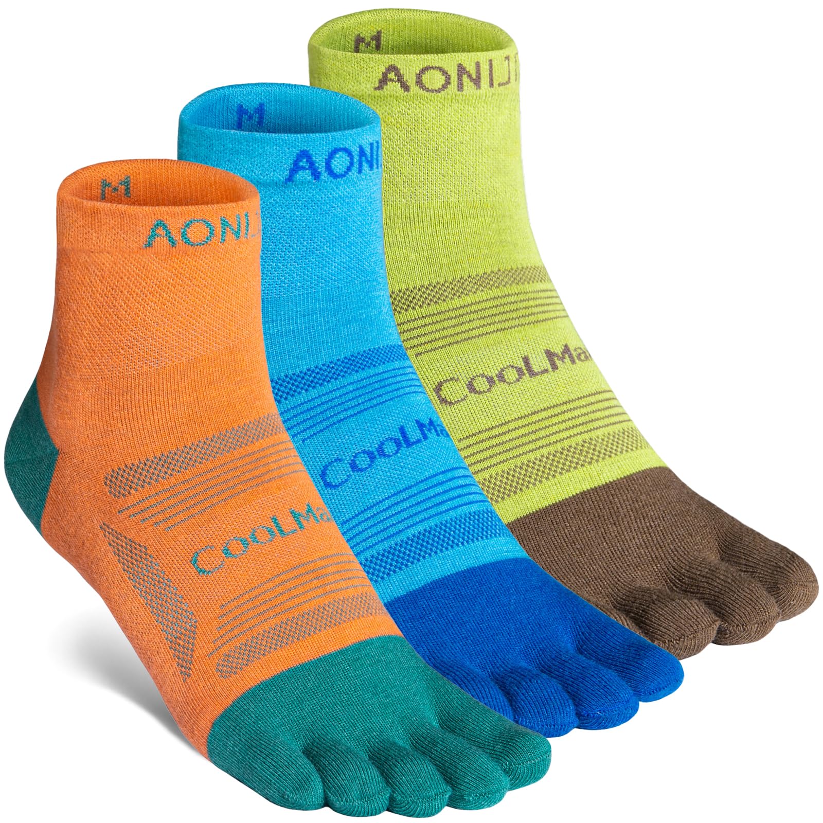 AONIJIE 3 Pairs Toe Socks for Men and Women High Performance Athletic Running Five Finger Quarter Socks, E4838# 3 Pairs/Orange, Blue, Fruit Green, L