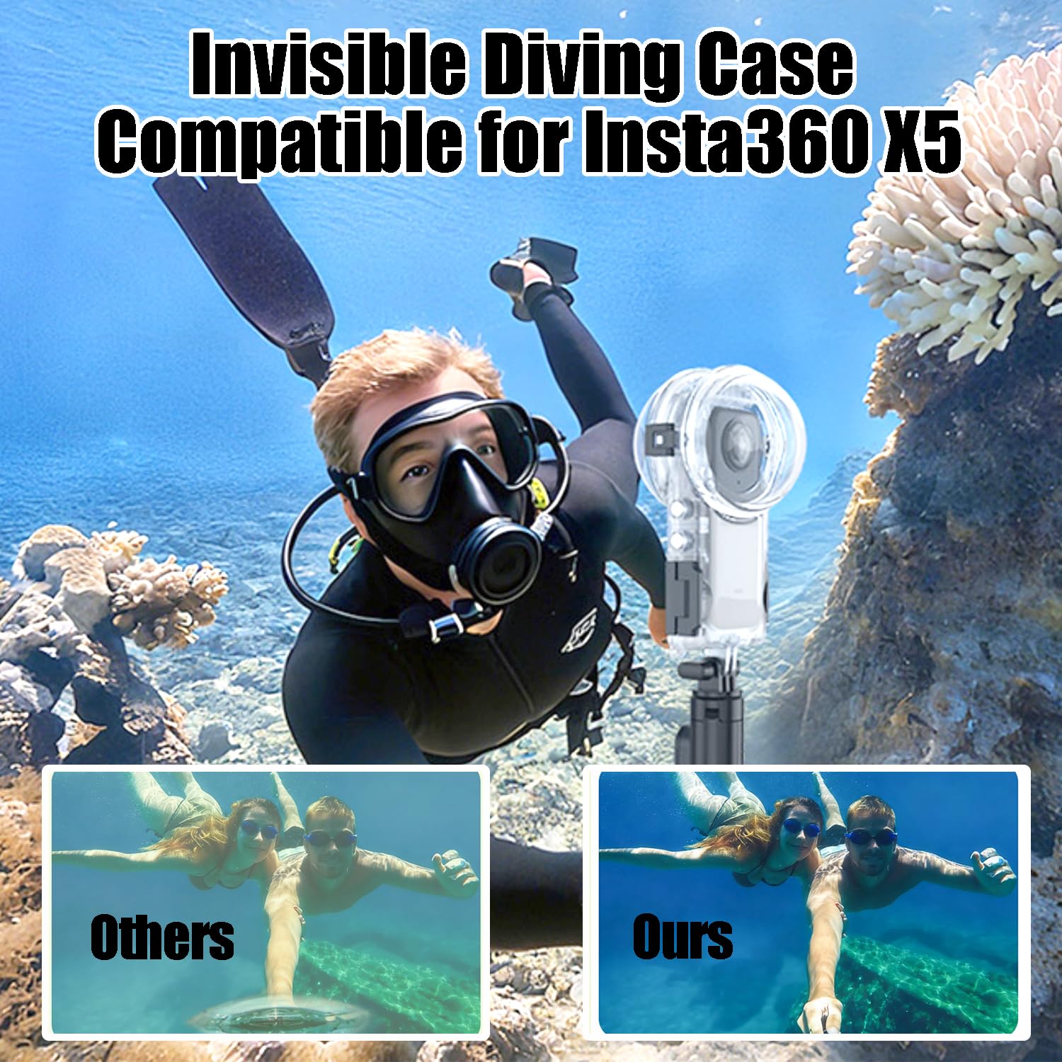 60M/196FT Buceo Carcasa con Lente Protector Compatible con Insta360 X5