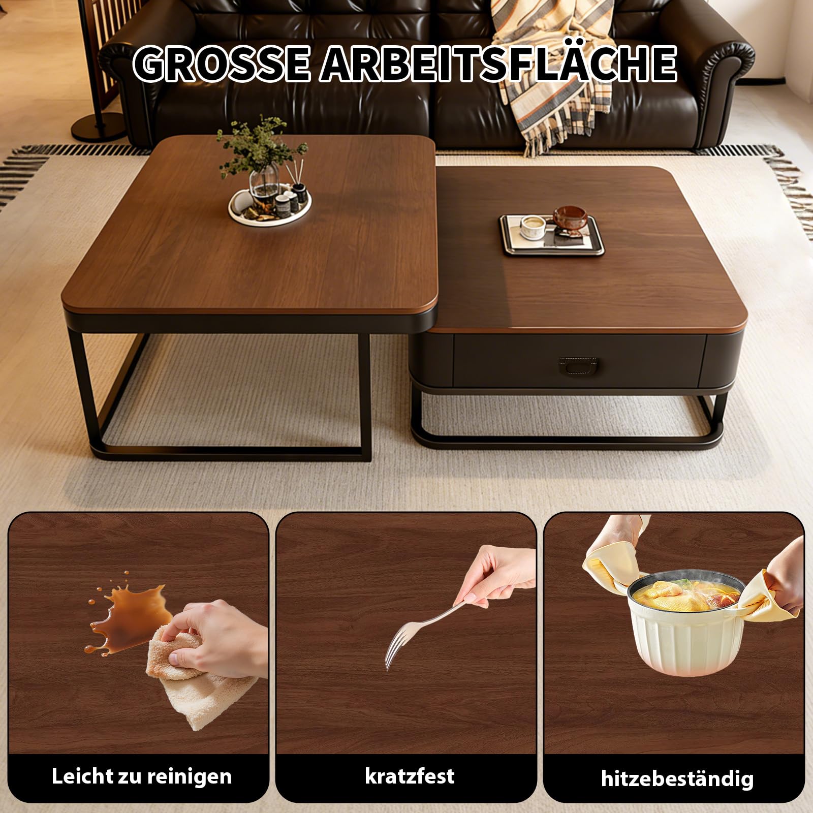 Generisch 2er-Set Kaffeetische, Moderner Ausziehbarer Kaffeetisch, Nussbaum-Kaffeetisch mit Stauraum, Metallgestell, für Wohnzimmer, Schlafzimmer, Nussbaum-Optik