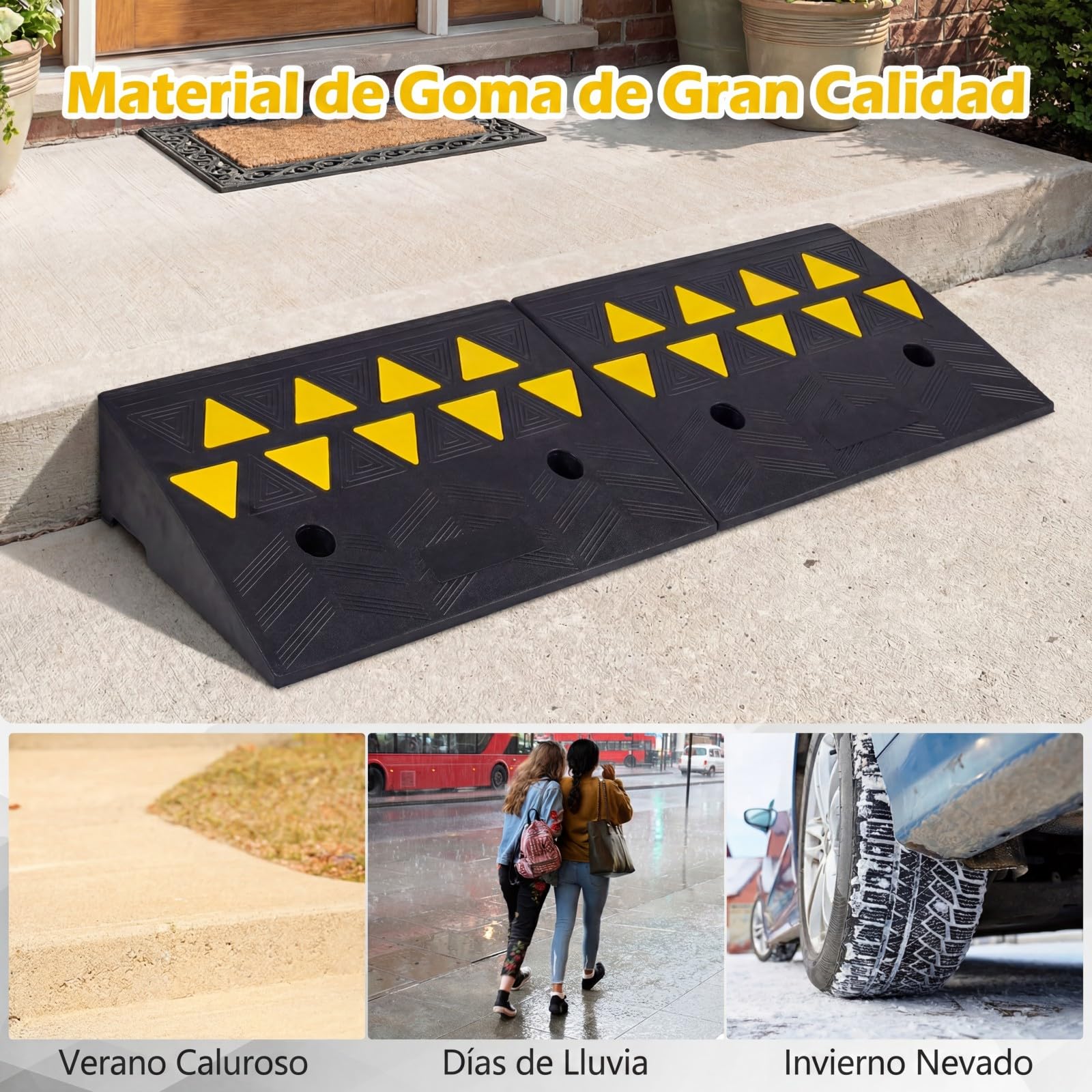 COSTWAY Juego de 2 Rampas para Coche, Rampas de Goma para Silla de Reudas con Marcas Amarillas Luminosas, Bordillos Antideslizantes para Calzadas, Aceras, Motos, Carga de 15 T (48 x 33 x 13 cm)