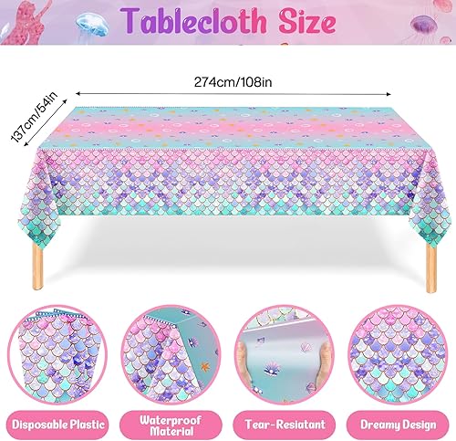 Miniatura 6 de Decoraciones de cumpleaños de sirena, decoraciones de fiesta de sirena para niñas con juegos de globos, tela de fondo, manteles y otros accesorios