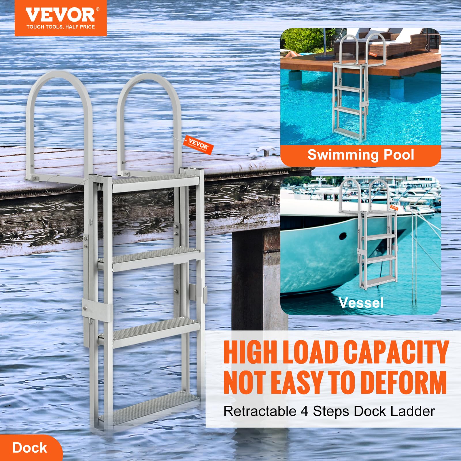 VEVOR Dockleiter 4 einziehbare Stufen 159kg Tragkraft Pontonbootleiter aus Aluminiumlegierung mit 1400-1705mm Einstellbarer Höhe 10cm breite Stufe zum Einsteigen in Schiffe/Seen/Schwimmbäder