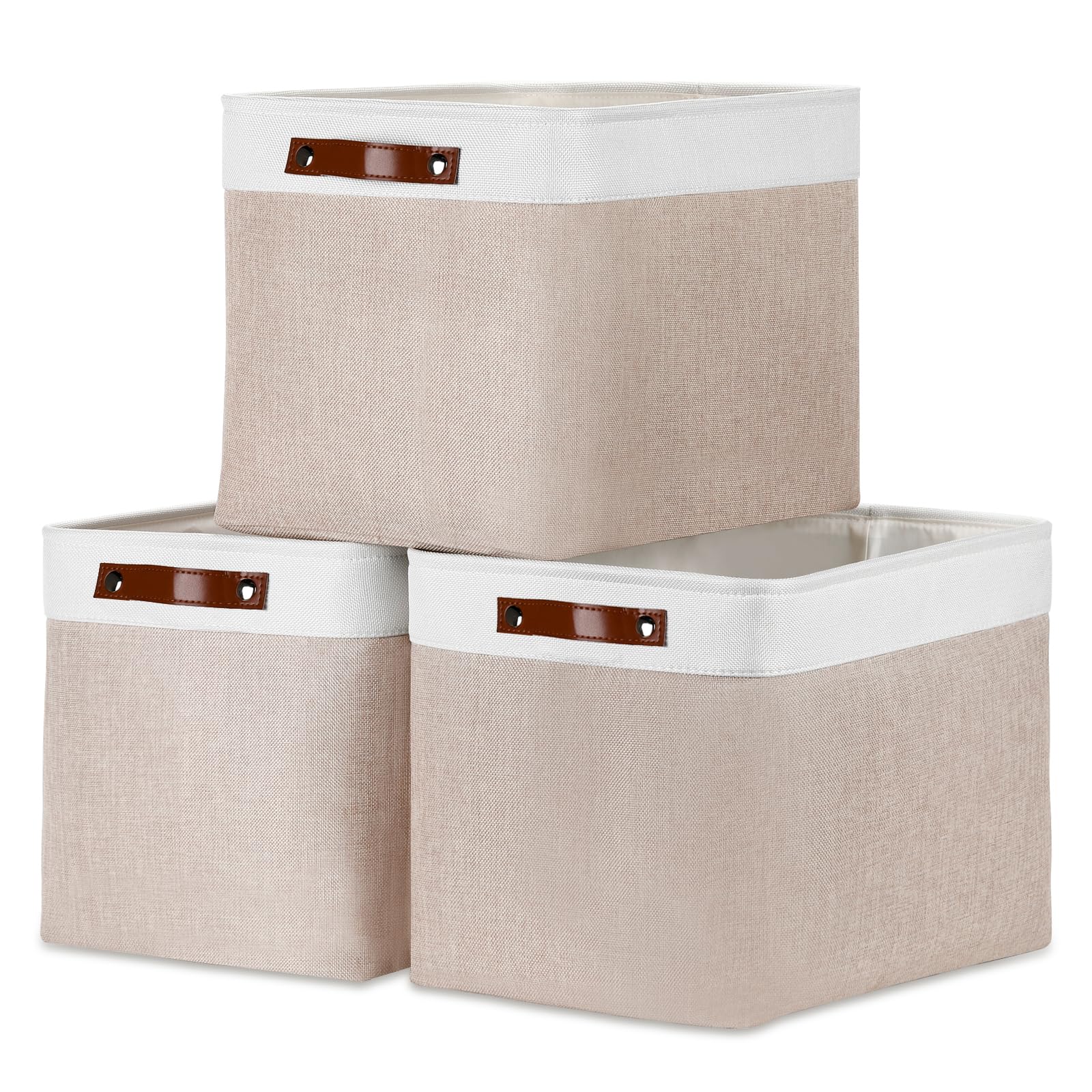 DULLEMELO Fabric Storage Bins, Lining Fabric Baskets For Gifts, Large Storage Baskets for Books Clothes Storage, Foldable Storage Basket for Office Home Shelves Closets Organizing(White&Khaki)