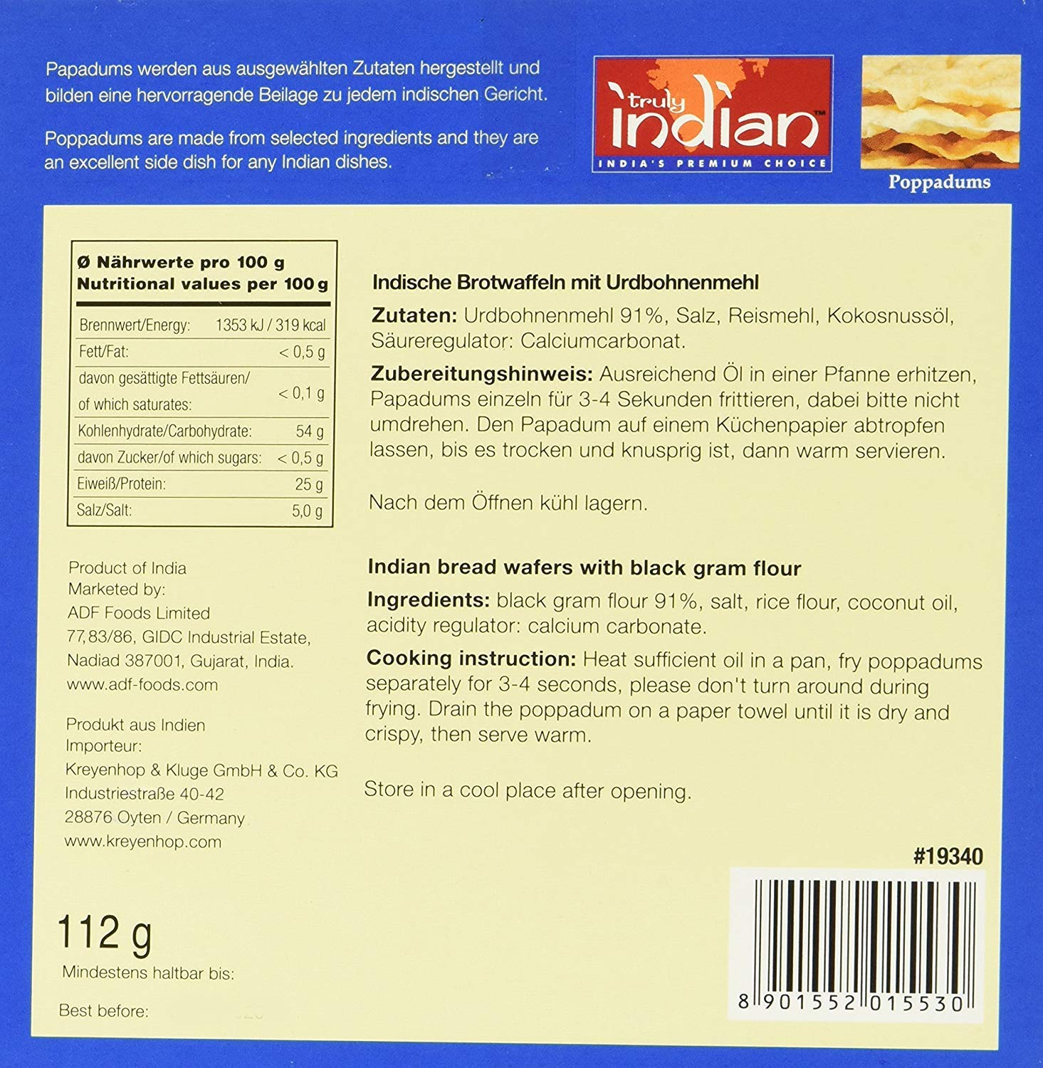 Truly Indian Poppadums Madras (Indisches Fladenbrot aus Linsenmehl für die Zubereitung in der Pfanne, Als Beilage oder Snack) (12 x 112 g)