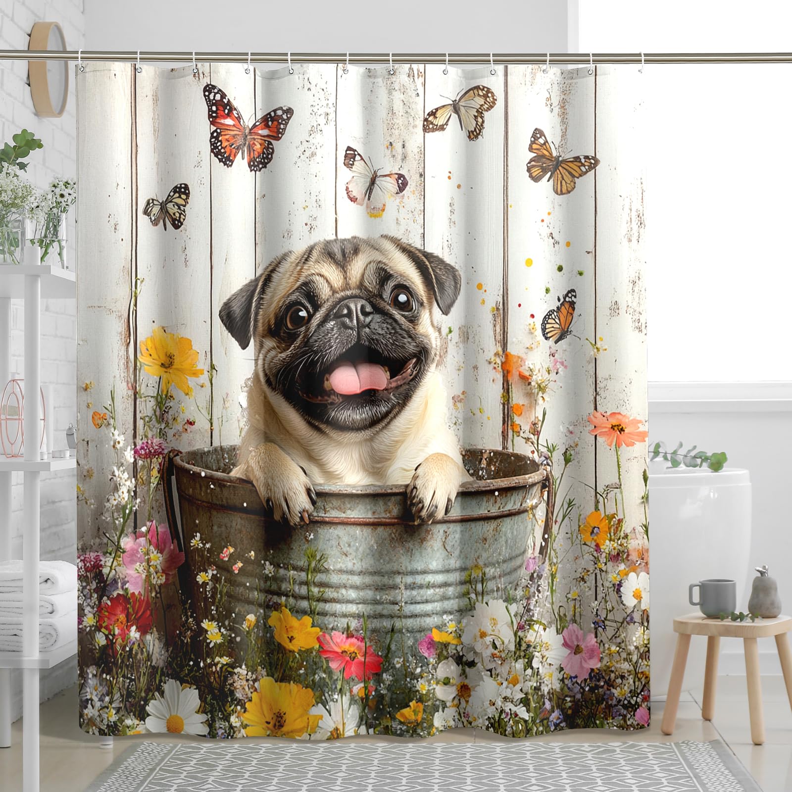 Spring Cute Pug Dog Shower Curtain, Rustic Flower Wood Shower Curtains for Bathroom, Pet Puppy Bath Pattern Decor Accessories Set -72 Inch