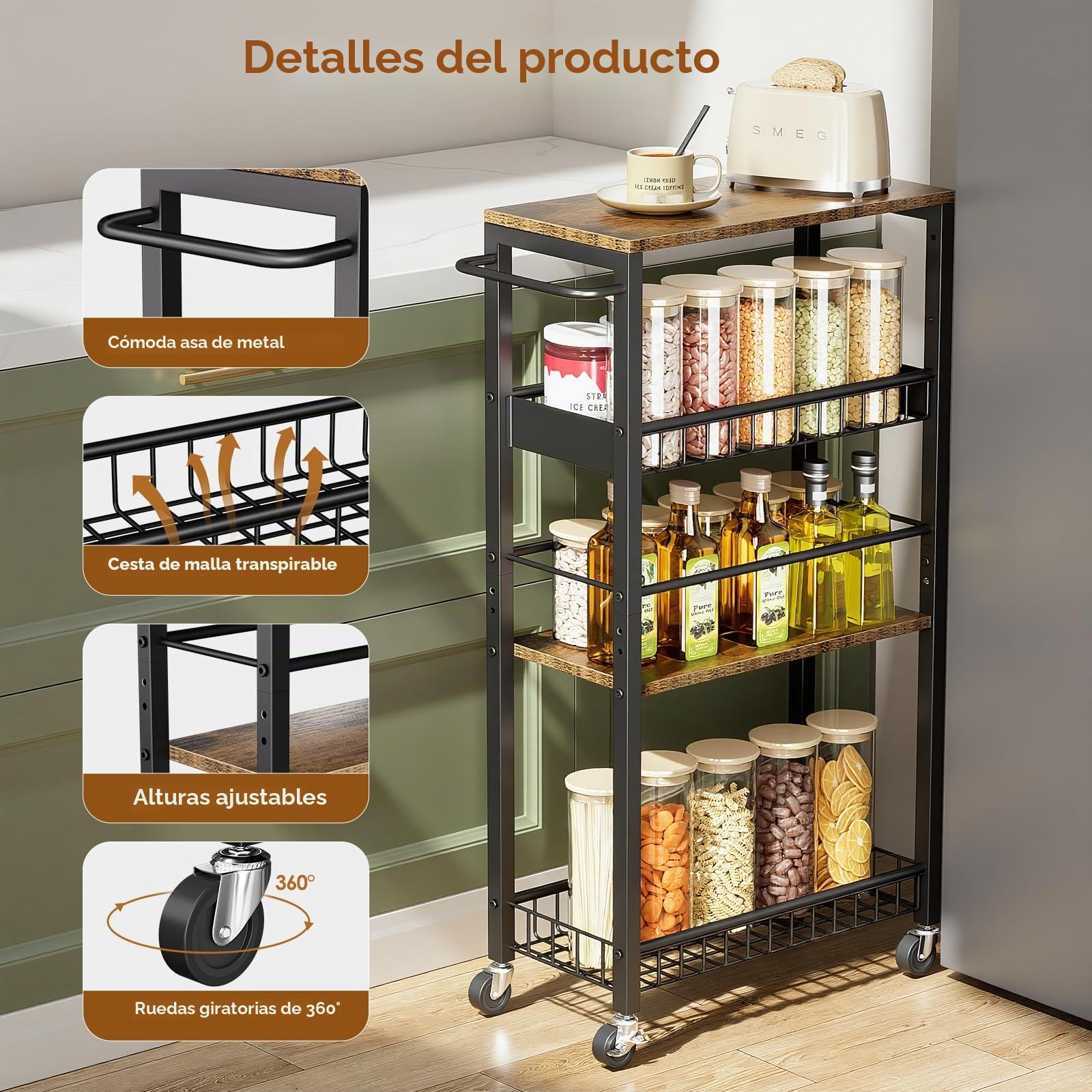 Carro de Almacenamiento Delgado con Ruedas, Carrito Pequeño de 4 Niveles con Manija, Profundidad de 9,1", Altura Ajustable, Estante Móvil Multiusos para Cocina, Baño, Lavadero, Negro + Marrón
