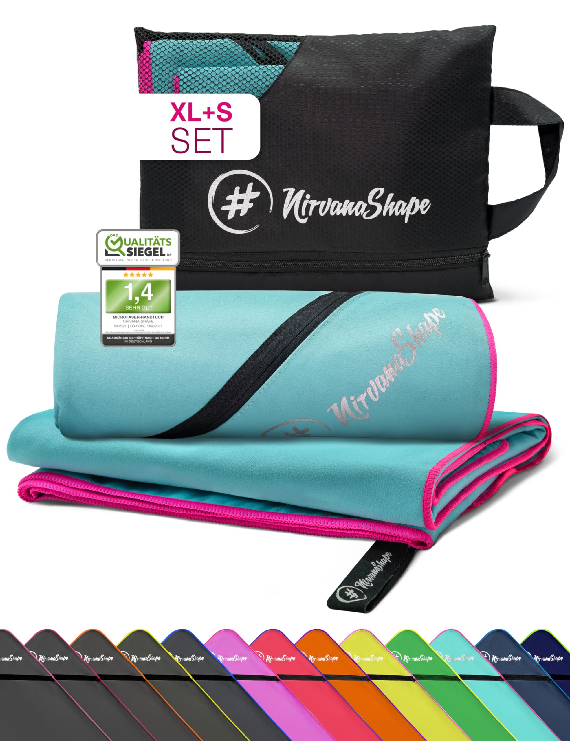 NirvanaShape Mikrofaser Handtuch, Microfaser Handtücher leicht, kompakt als Badetuch, Reisehandtuch, Strandtuch, Sporthandtuch, 2er Set XL+S 200 x 100 + 60 x 40 cm