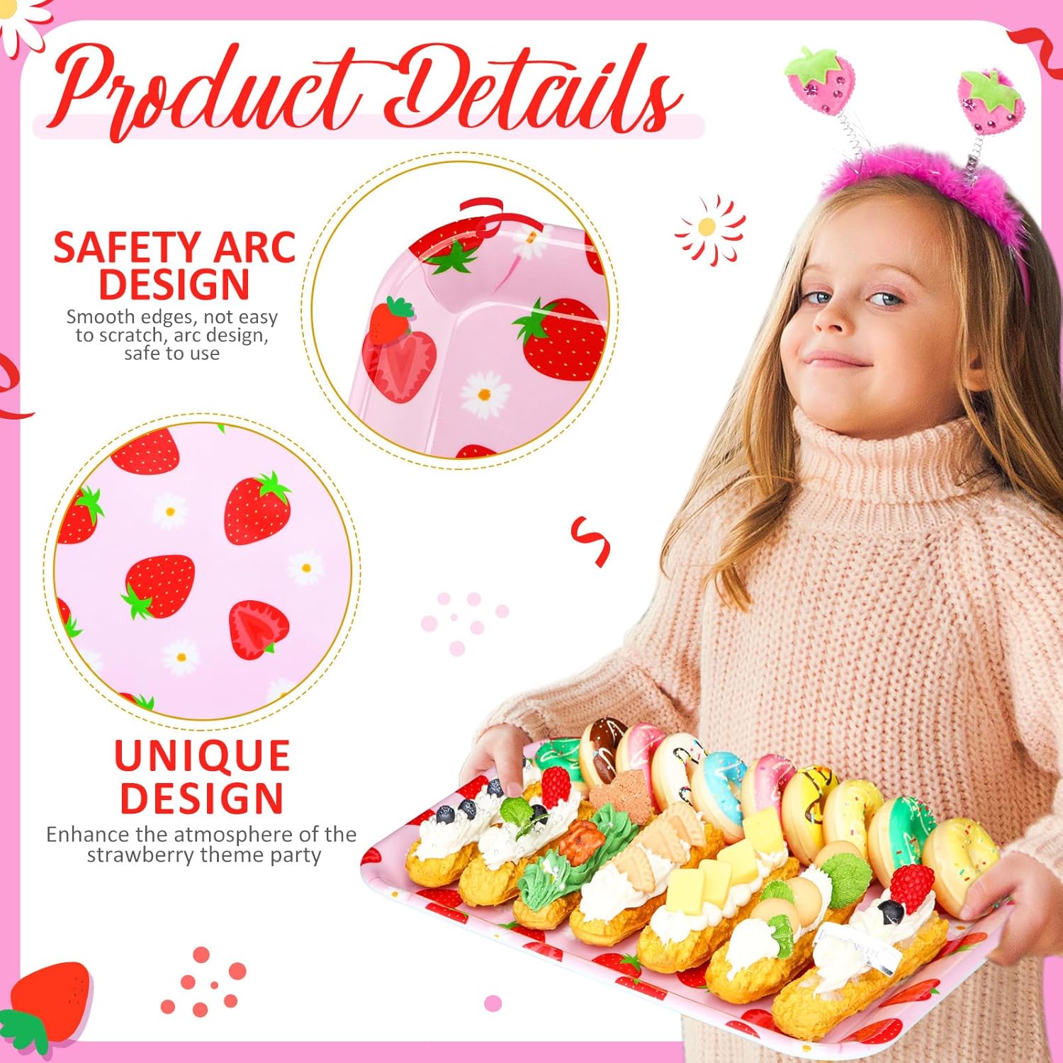 RattanView 3 Pcs Strawberry Trays Strawberry Birthday Party Decoration Plastic Serving Trays pink Platter Pink Reusable Plates 13 x 10 Inch Berry Sweet One Birthday Party Supplies