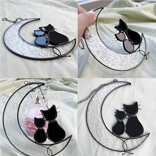 Miniatura 3 de JIABEI Gato negro en la luna para colgar en la ventana de gato con vitral, regalo para mamá, mujeres, tía, hermana, amigas, amantes de los gatos,