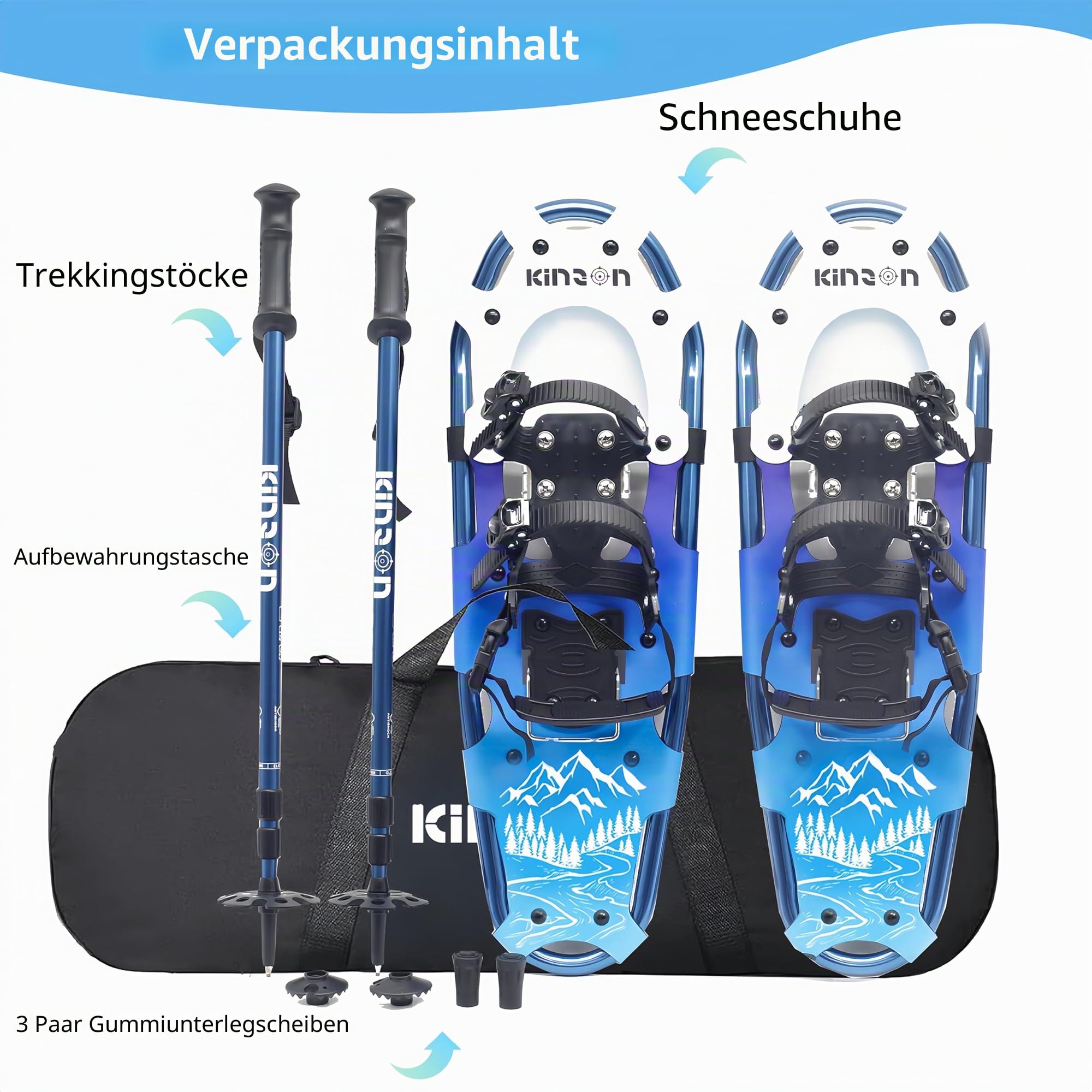 KinZon 3-in-1-Schneeschuhe, leicht und robust, mit Trekkingstöcken und Tragetasche, Fersenerhöhung, perfekt zum Wandern