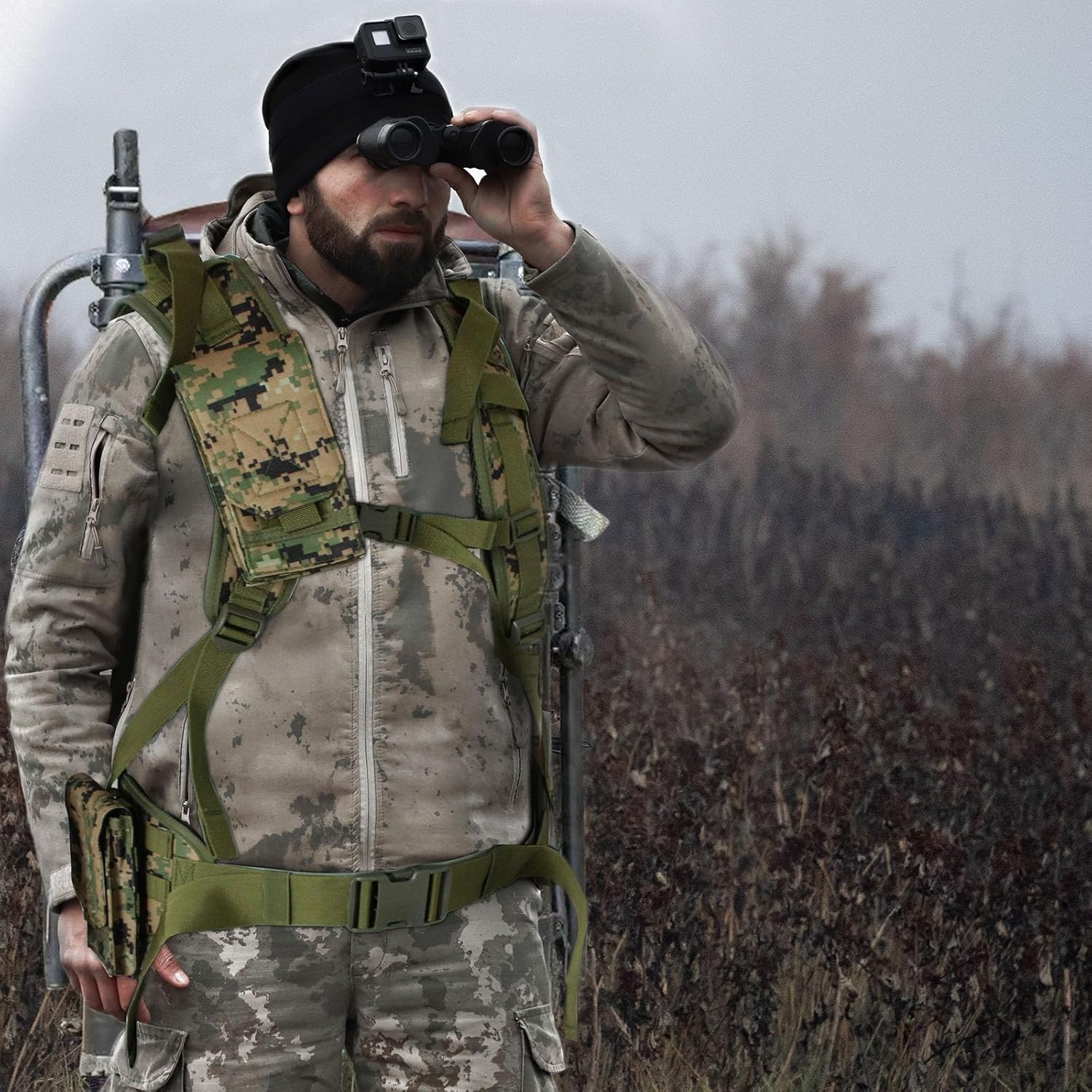 Tree Stand Carrier Backpack with Padded Straps, 8 Connection Points & 3 Pockets, Lightweight & Quiet, Universal Treestand Accessories