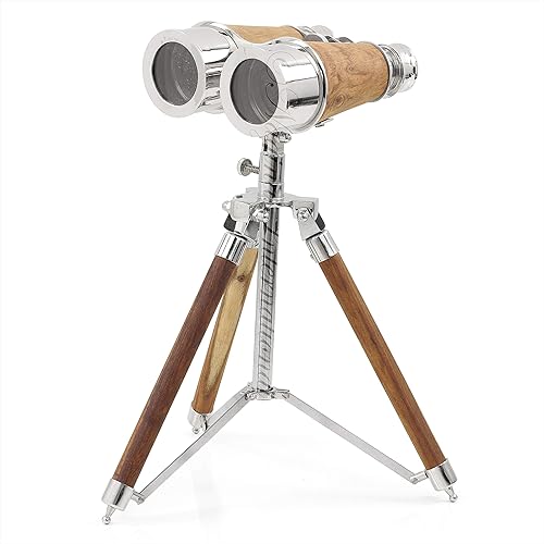 Binocular náutico de latón de 5.50 pulgadas en soporte de trípode con barril de madera | Acabado pulido niquelado | Antiguos capitanes vintage