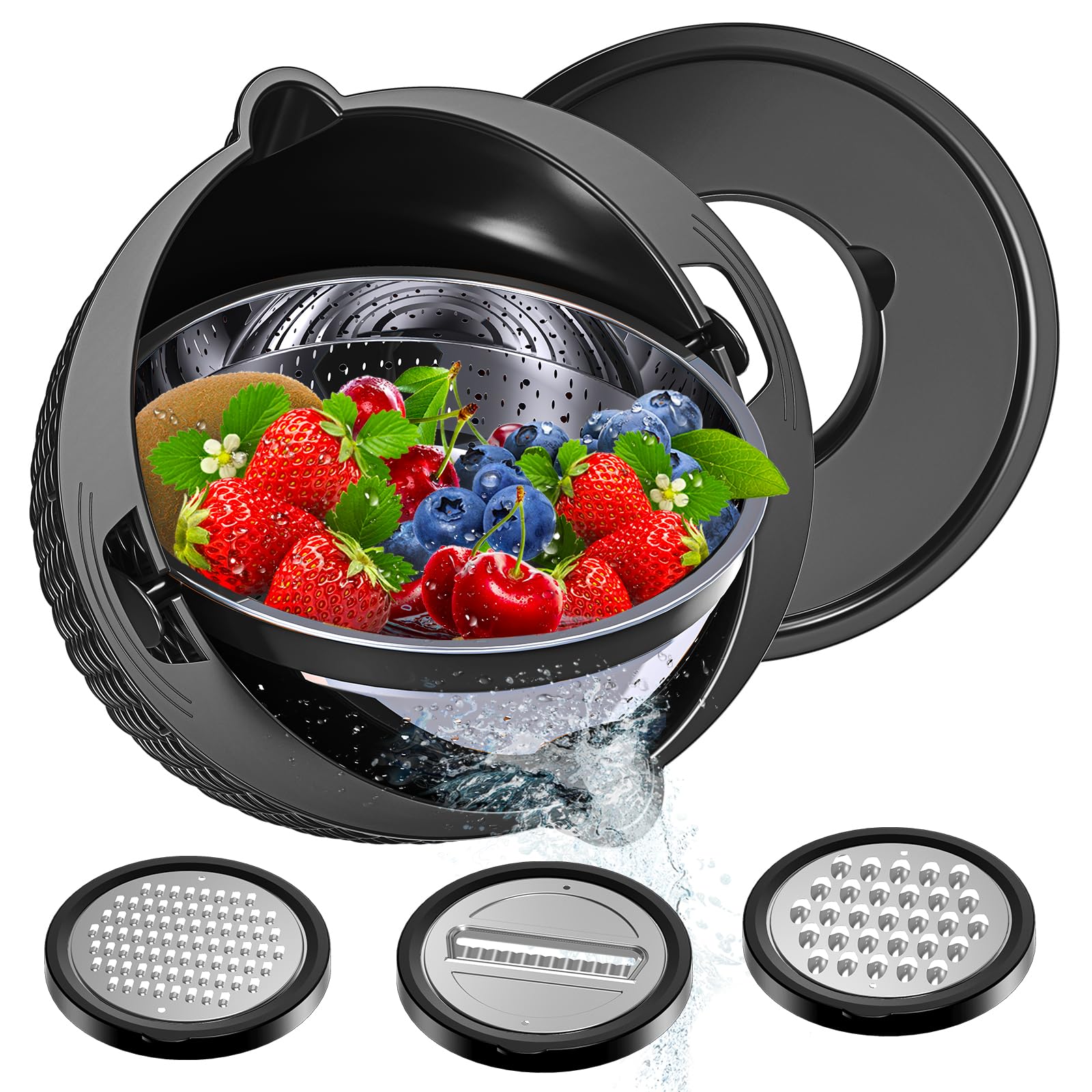 Coladores, colador 4-1 con juego de cuencos para mezclar, coladores para cocina, coladores de alimentos con rallador, cesta coladora para drenar pasta, verduras, frutas y verduras, color negro