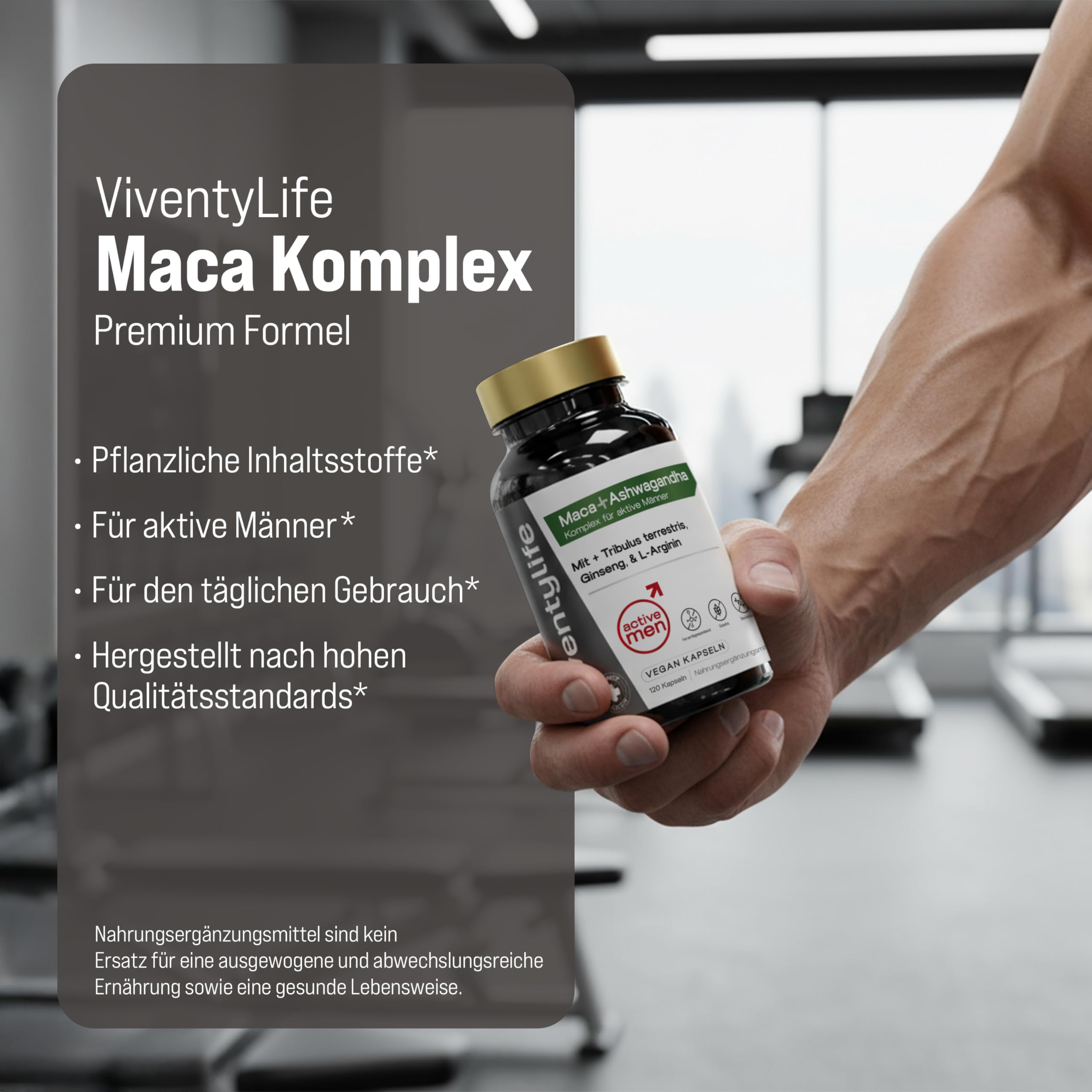 Active Men Maca Komplex für Männer TESTOSTERONSPIEGELS¹ Kapseln mit Ashwagandha, Tribulus, Ginseng, Zink, L-Arginin, Vitamin D & E, 8 Aktive Inhaltsstoffe, 120 Vegan Kapseln